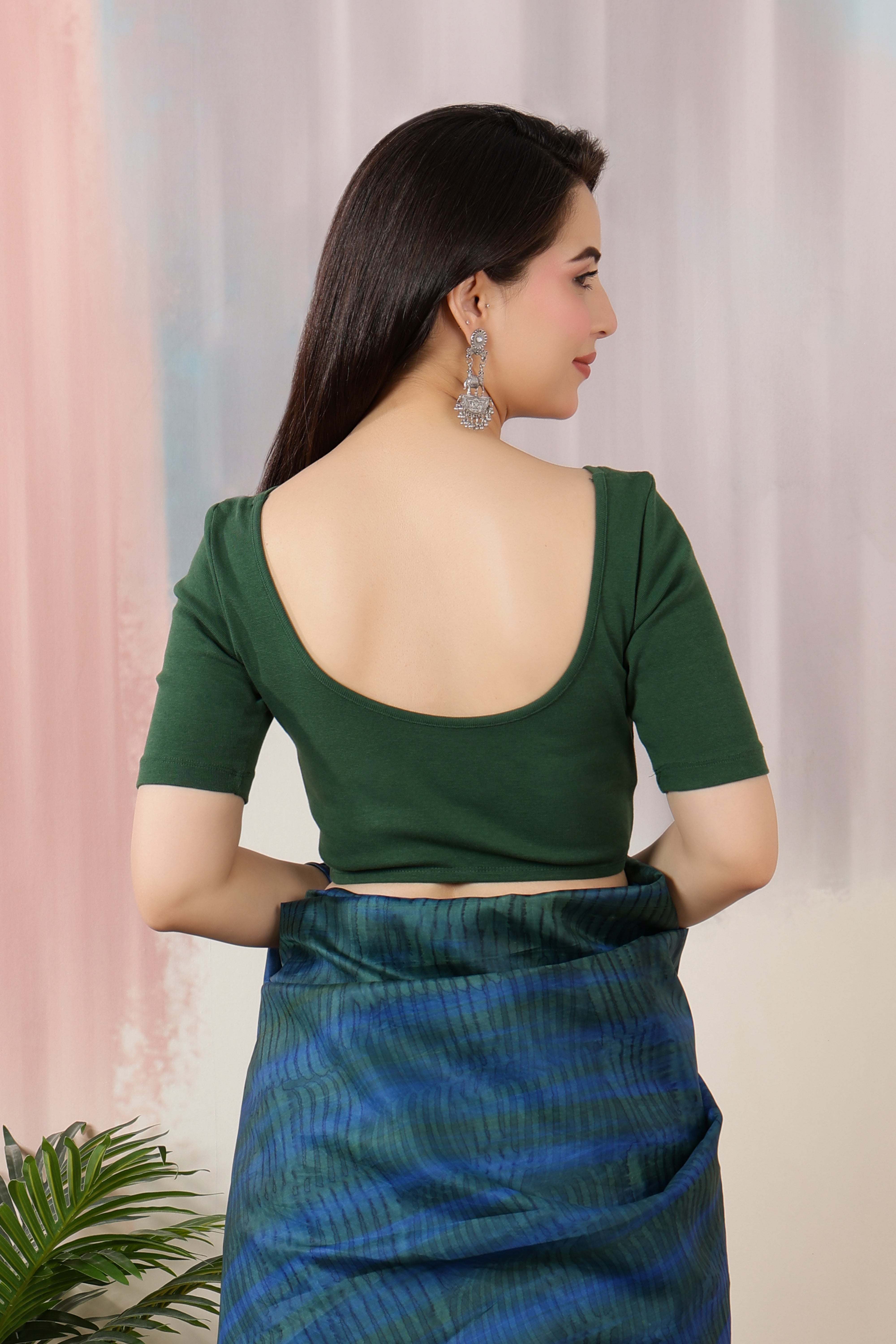 Bottle Green Rib Roundneck Half Sleeve Blouse [ 100% USA HQ Cotton, 280 GSM non transparent fabric ]