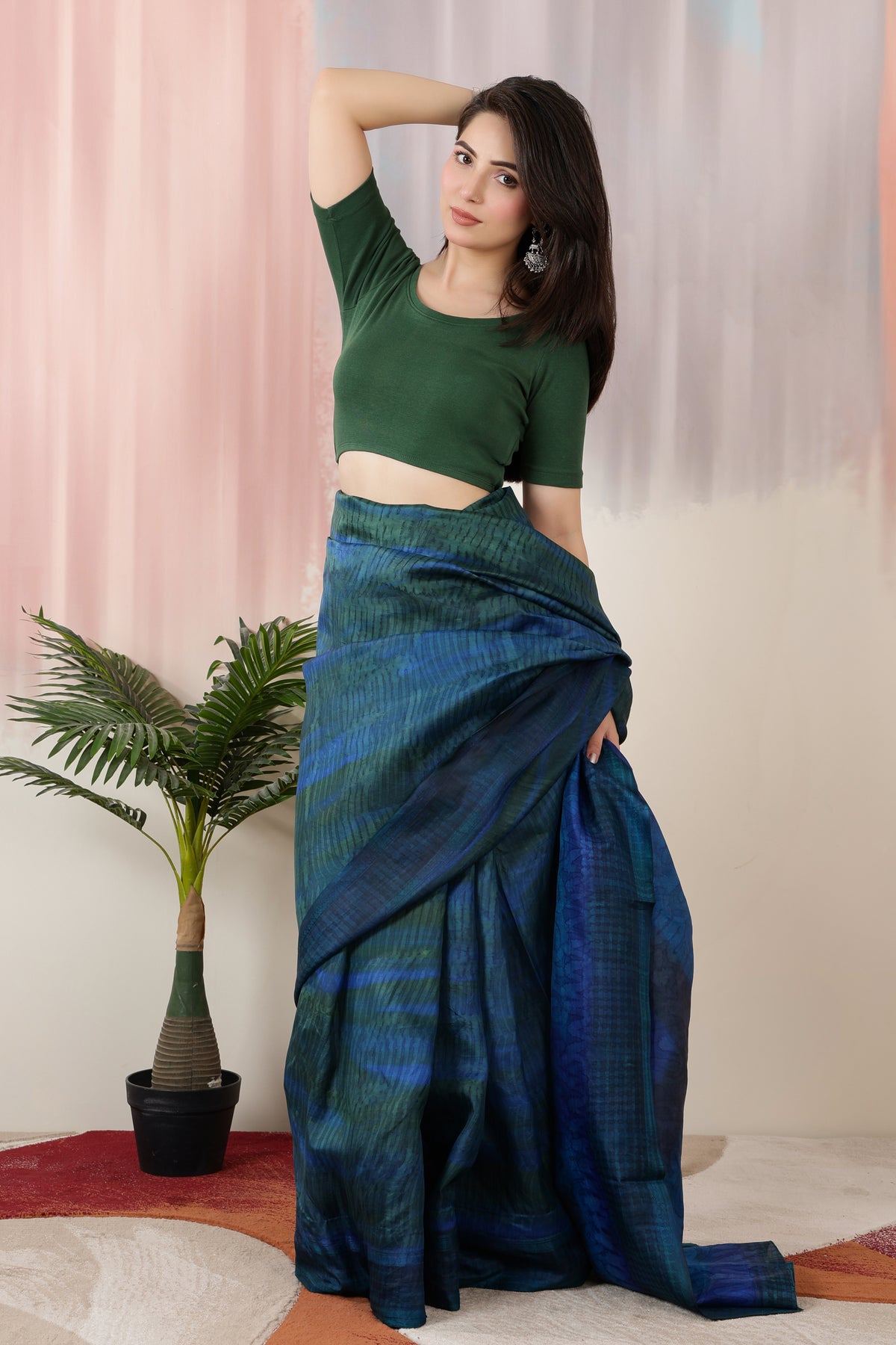 Bottle Green Rib Roundneck Half Sleeve Blouse [ 100% USA HQ Cotton, 280 GSM non transparent fabric ]