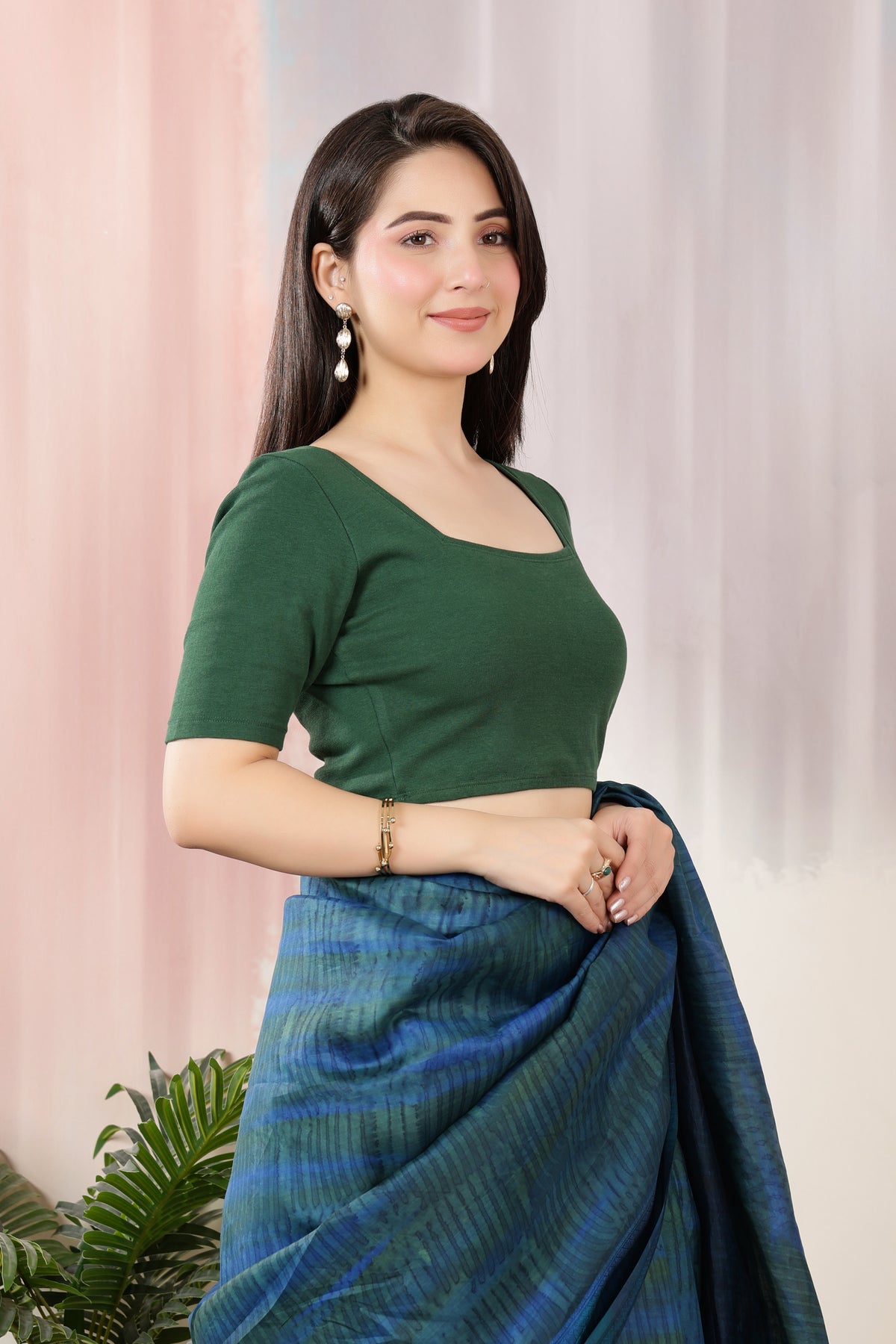 Bottle Green Rib Square Neck Half Sleeve Blouse [ 100% USA HQ Cotton, 280 GSM non transparent fabric ]