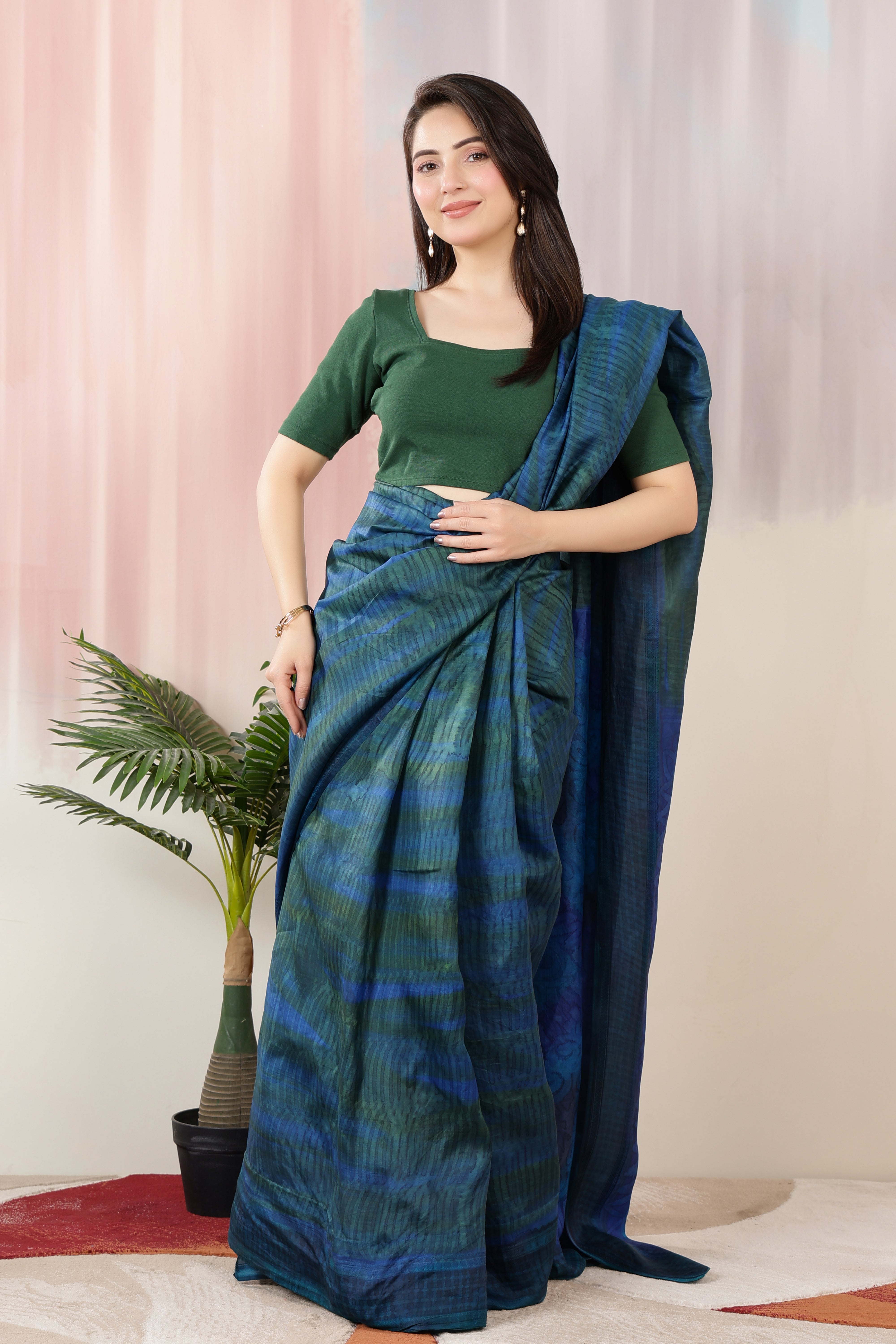 Bottle Green Rib Square Neck Half Sleeve Blouse [ 100% USA HQ Cotton, 280 GSM non transparent fabric ]