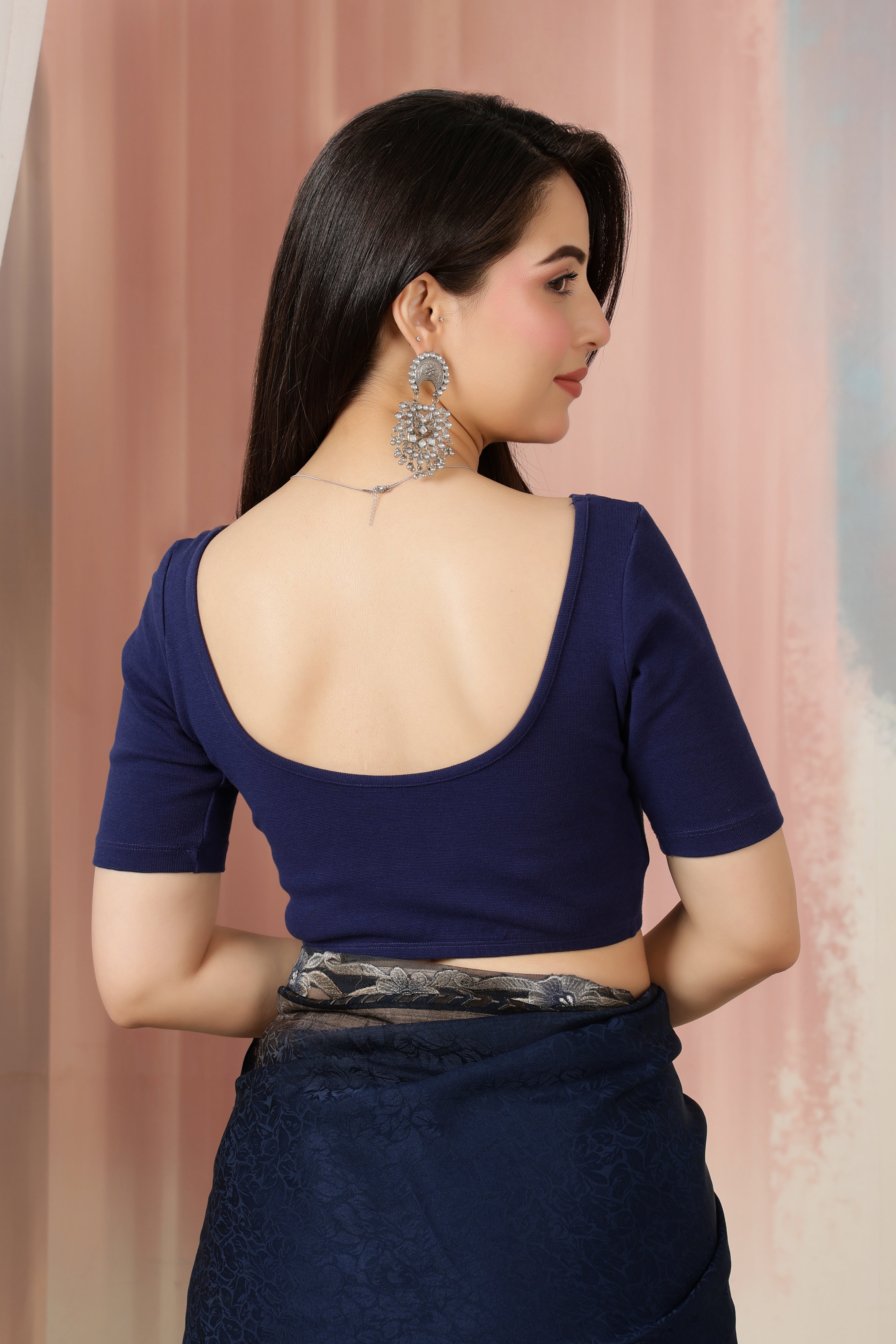 Navy Rib Roundneck Half Sleeve Blouse [ 100% USA HQ Cotton, 280 GSM non transparent fabric ]
