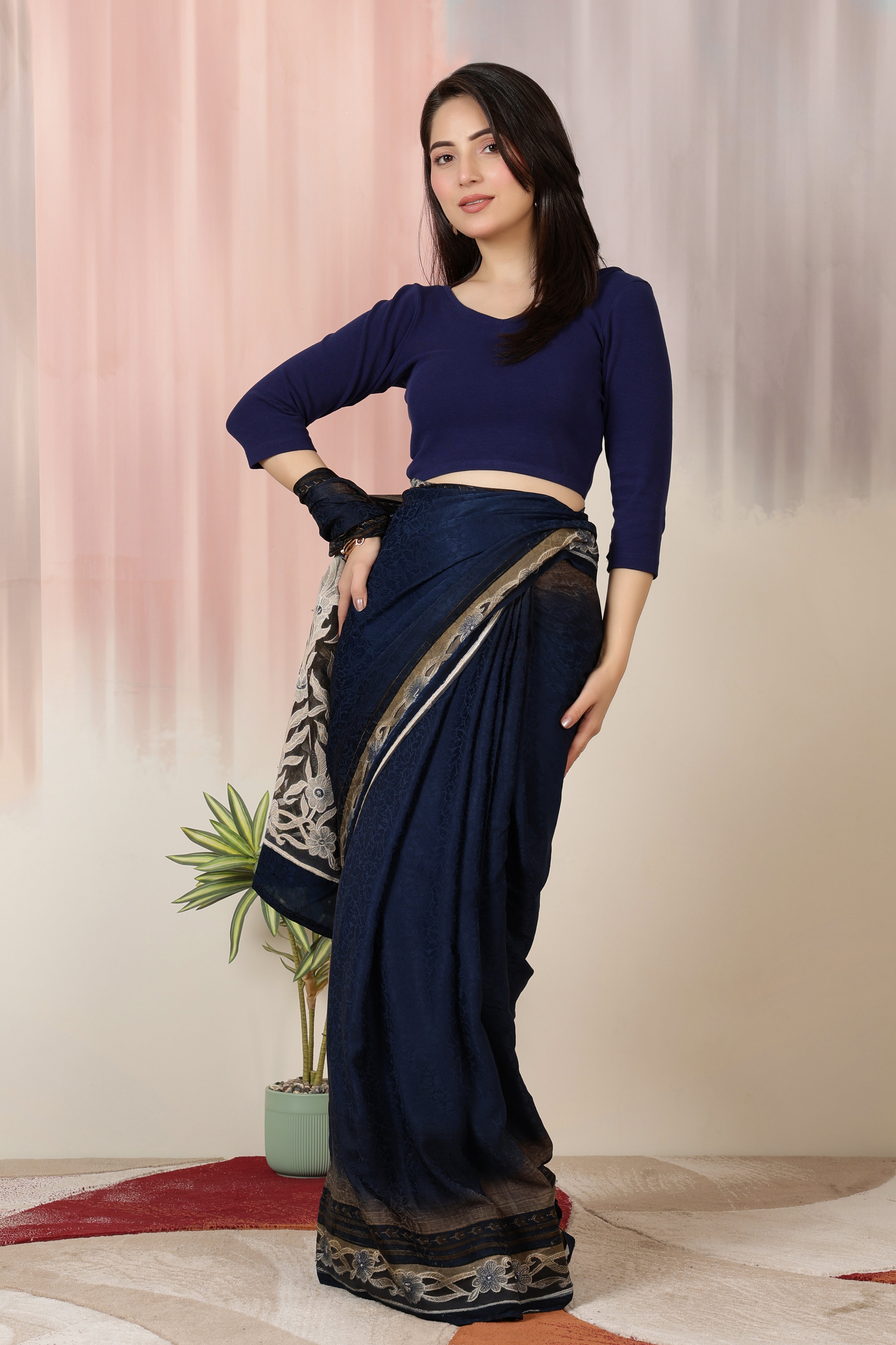 Navy Rib V Neck 3/4 Sleeve Blouse [ 100% USA HQ Cotton, 280 GSM non transparent fabric ]