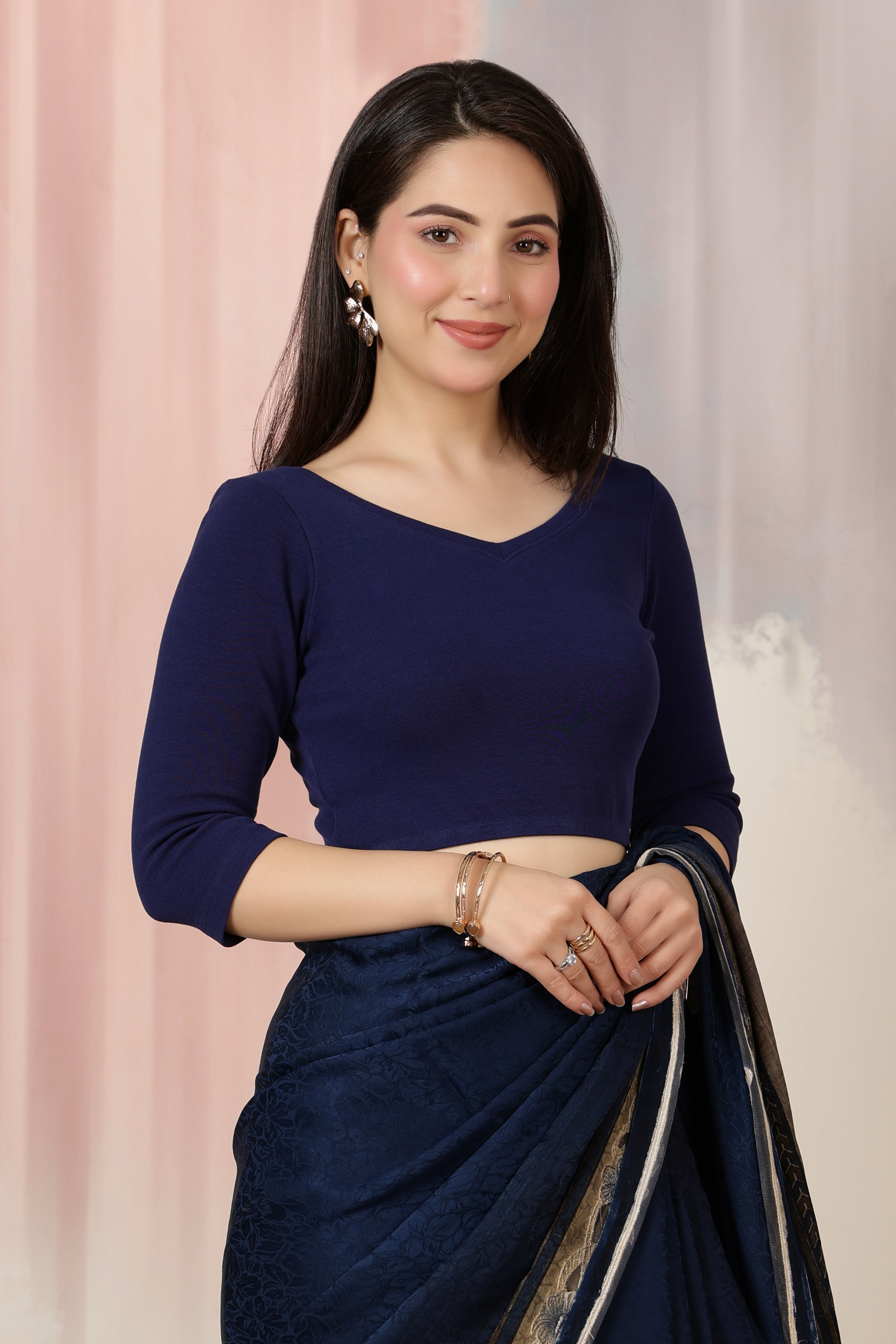 Navy Rib V Neck 3/4 Sleeve Blouse [ 100% USA HQ Cotton, 280 GSM non transparent fabric ]