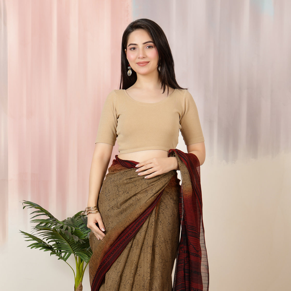 Beige Rib Roundneck Half Sleeve Blouse [ 100% USA HQ Cotton, 280 GSM non transparent fabric ]