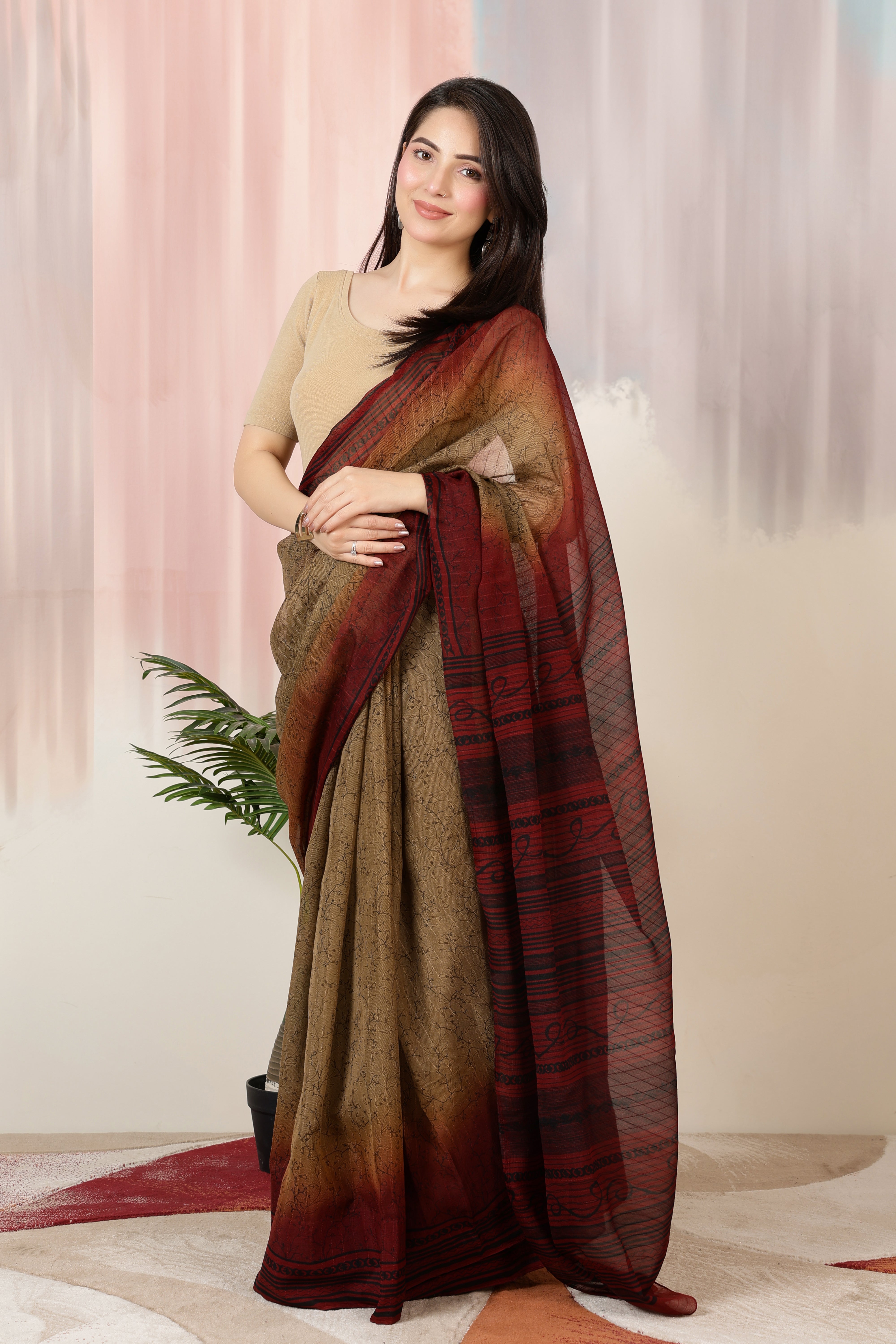 Beige Rib Roundneck Half Sleeve Blouse [ 100% USA HQ Cotton, 280 GSM non transparent fabric ]