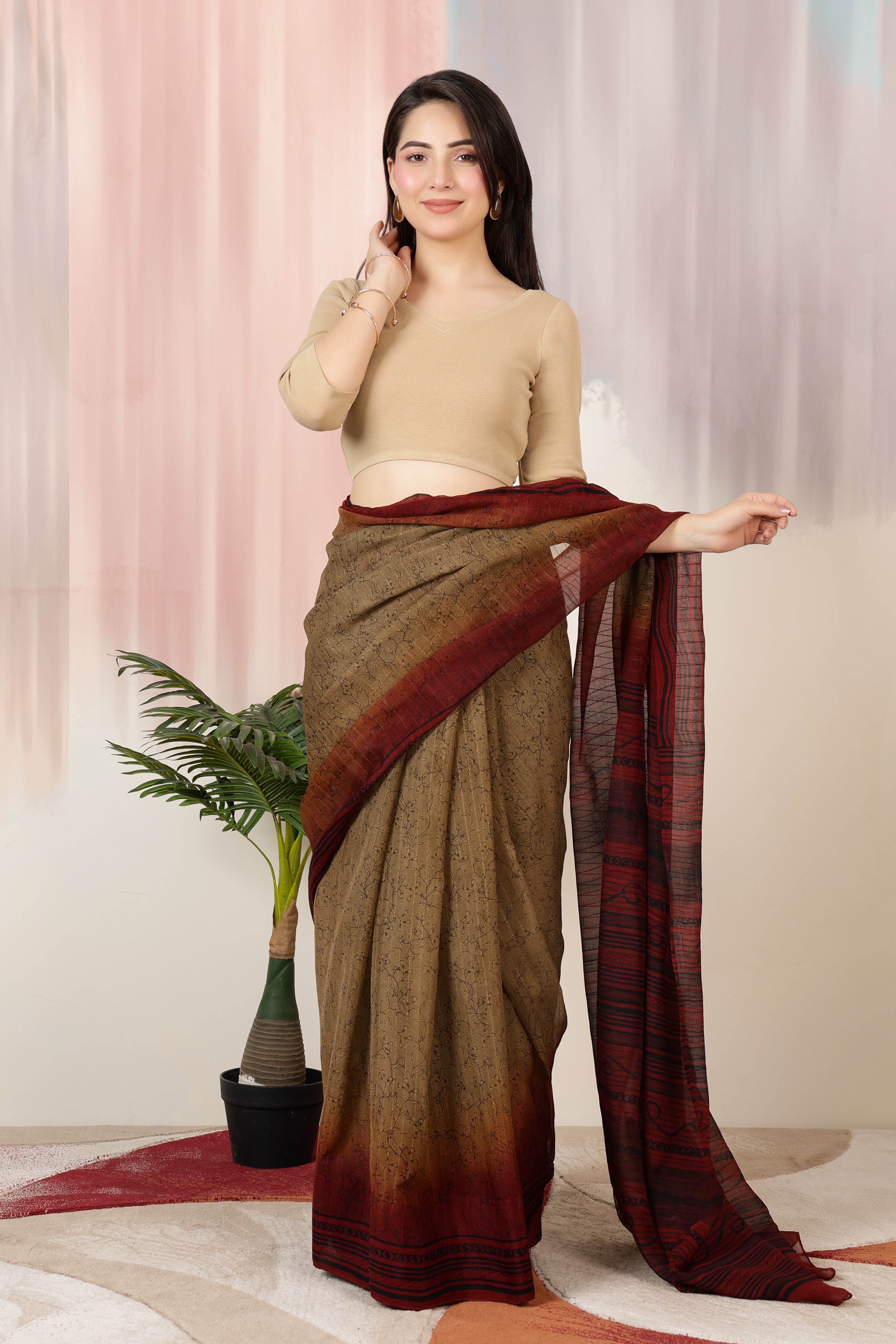 Beige Rib V Neck 3/4 Sleeve Blouse [ 100% USA HQ Cotton, 280 GSM non transparent fabric ]