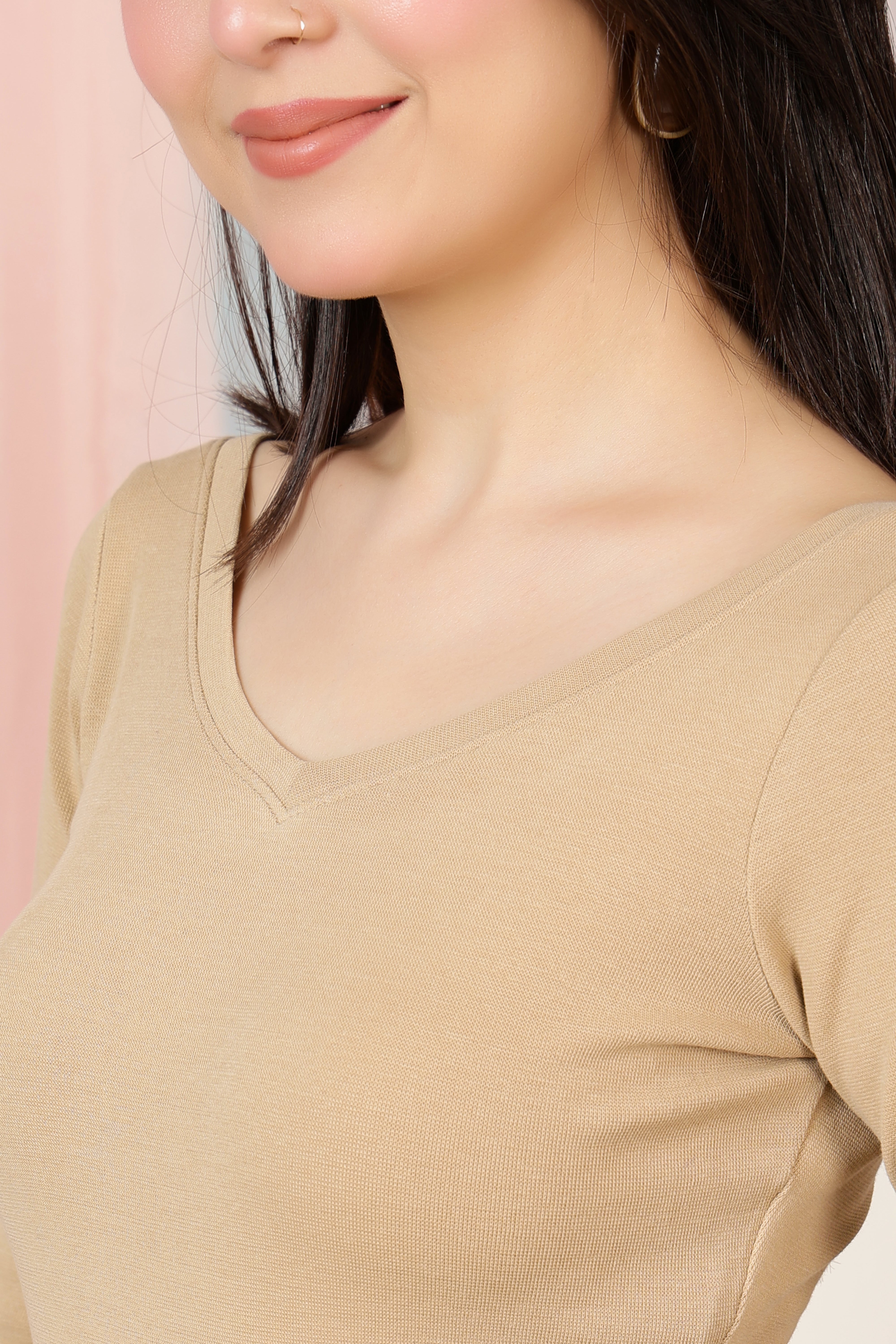Beige Rib V Neck 3/4 Sleeve Blouse [ 100% USA HQ Cotton, 280 GSM non transparent fabric ]