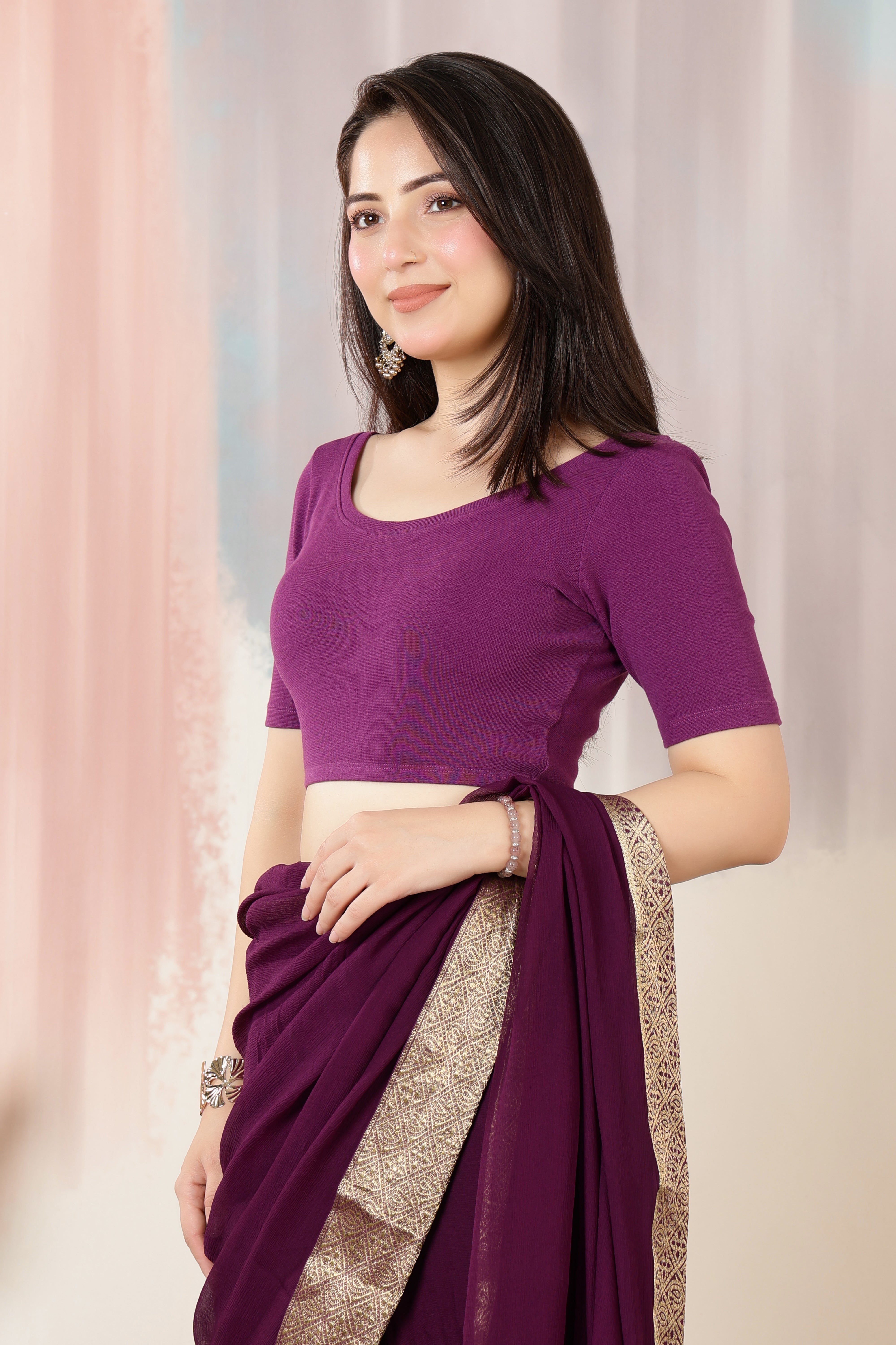 Purple Rib Roundneck Half Sleeve Blouse [ 100% USA HQ Cotton, 280 GSM non transparent fa0bric ]