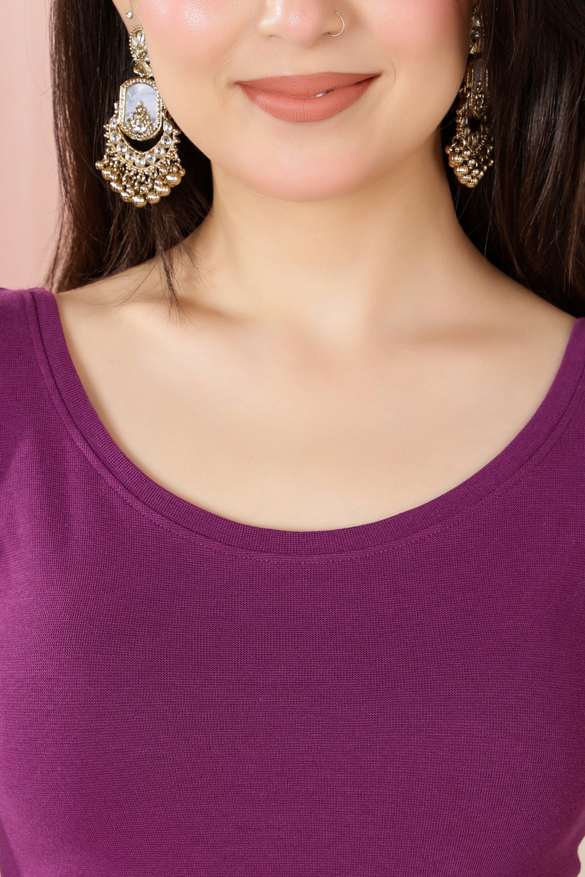 Purple Rib Roundneck Half Sleeve Blouse [ 100% USA HQ Cotton, 280 GSM non transparent fa0bric ]