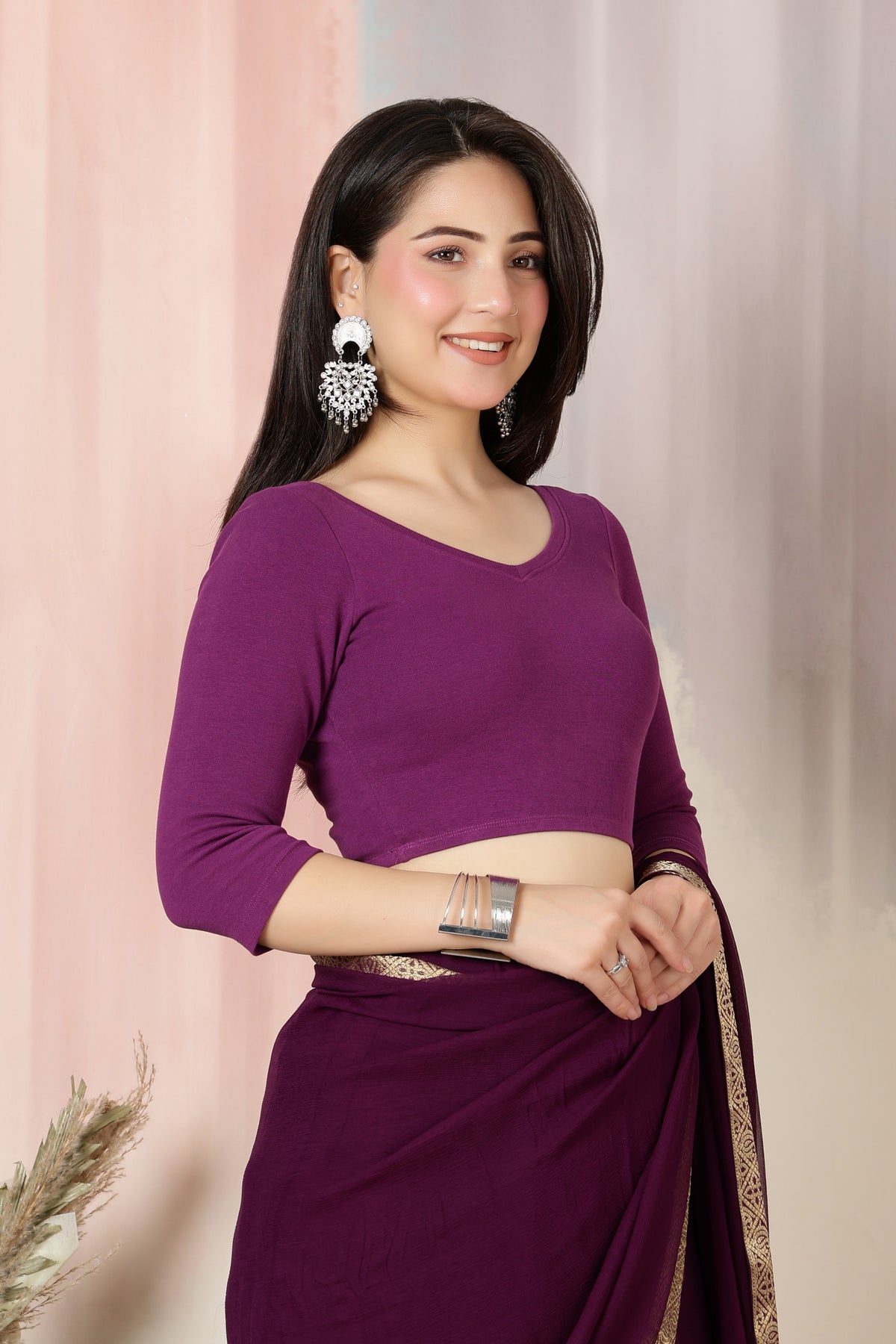 Purple Rib V Neck 3/4 Sleeve Blouse [ 100% USA HQ Cotton, 280 GSM non transparent fabric ]