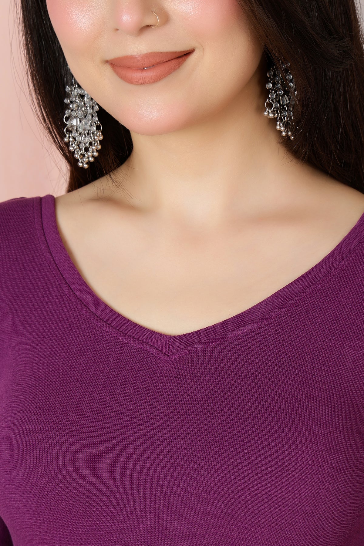 Purple Rib V Neck 3/4 Sleeve Blouse [ 100% USA HQ Cotton, 280 GSM non transparent fabric ]