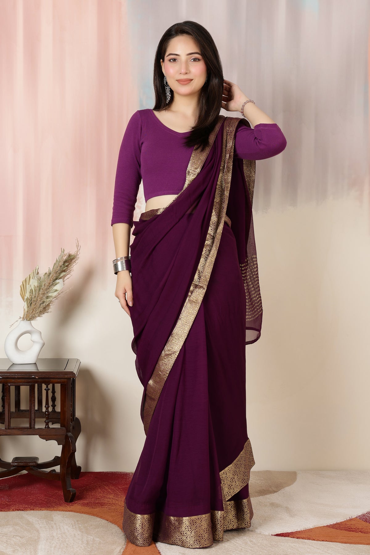 Purple Rib V Neck 3/4 Sleeve Blouse [ 100% USA HQ Cotton, 280 GSM non transparent fabric ]
