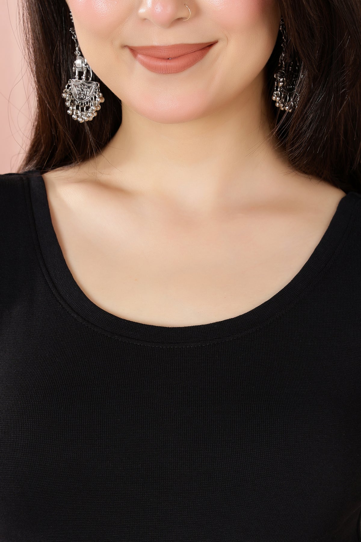 Black Rib Roundneck Half Sleeve Blouse [ 100% USA HQ Cotton, 280 GSM non transparent fabric ]