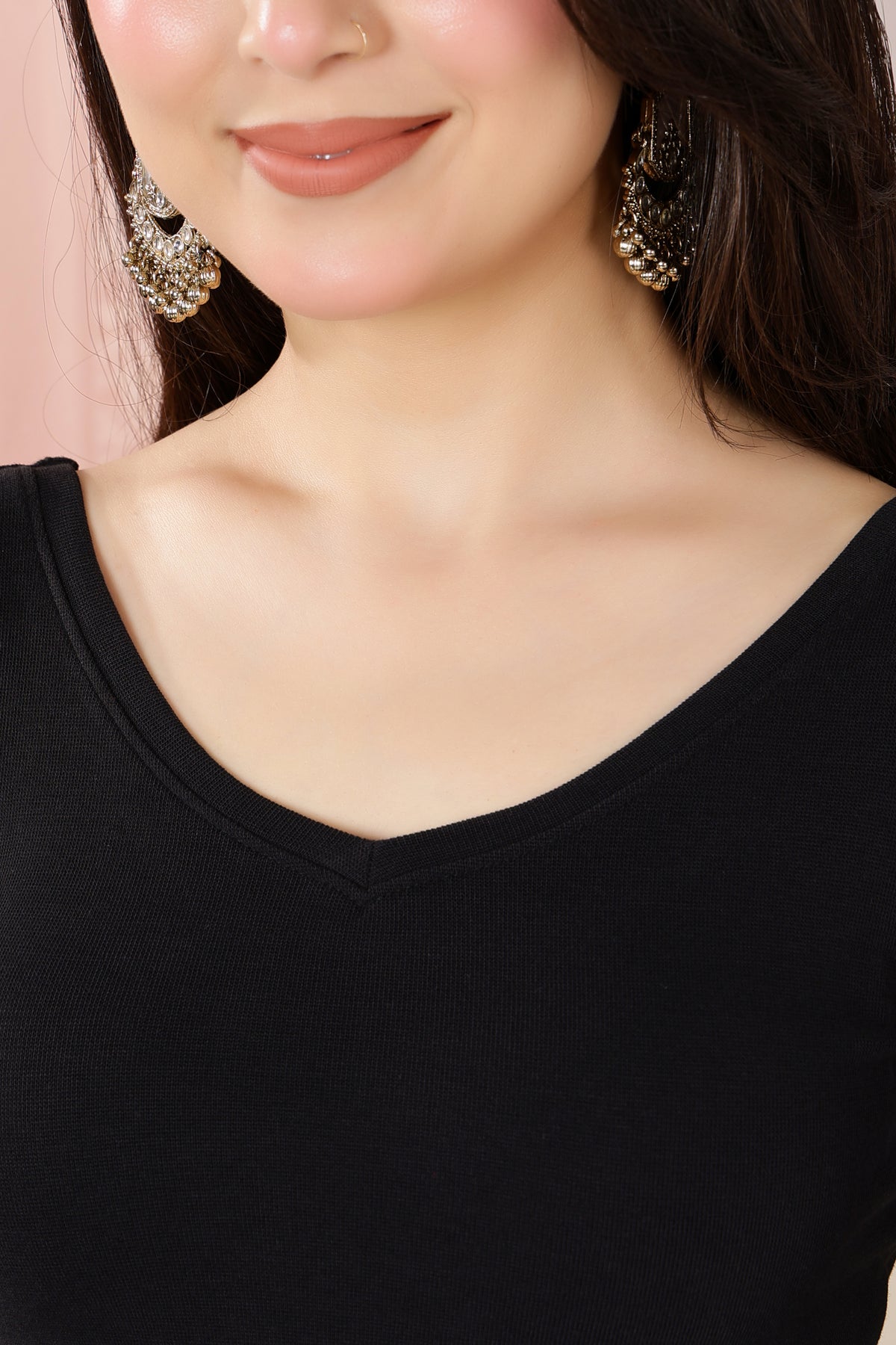 Black Rib V Neck 3/4 Sleeve Blouse [ 100% USA HQ Cotton, 280 GSM non transparent fabric ]