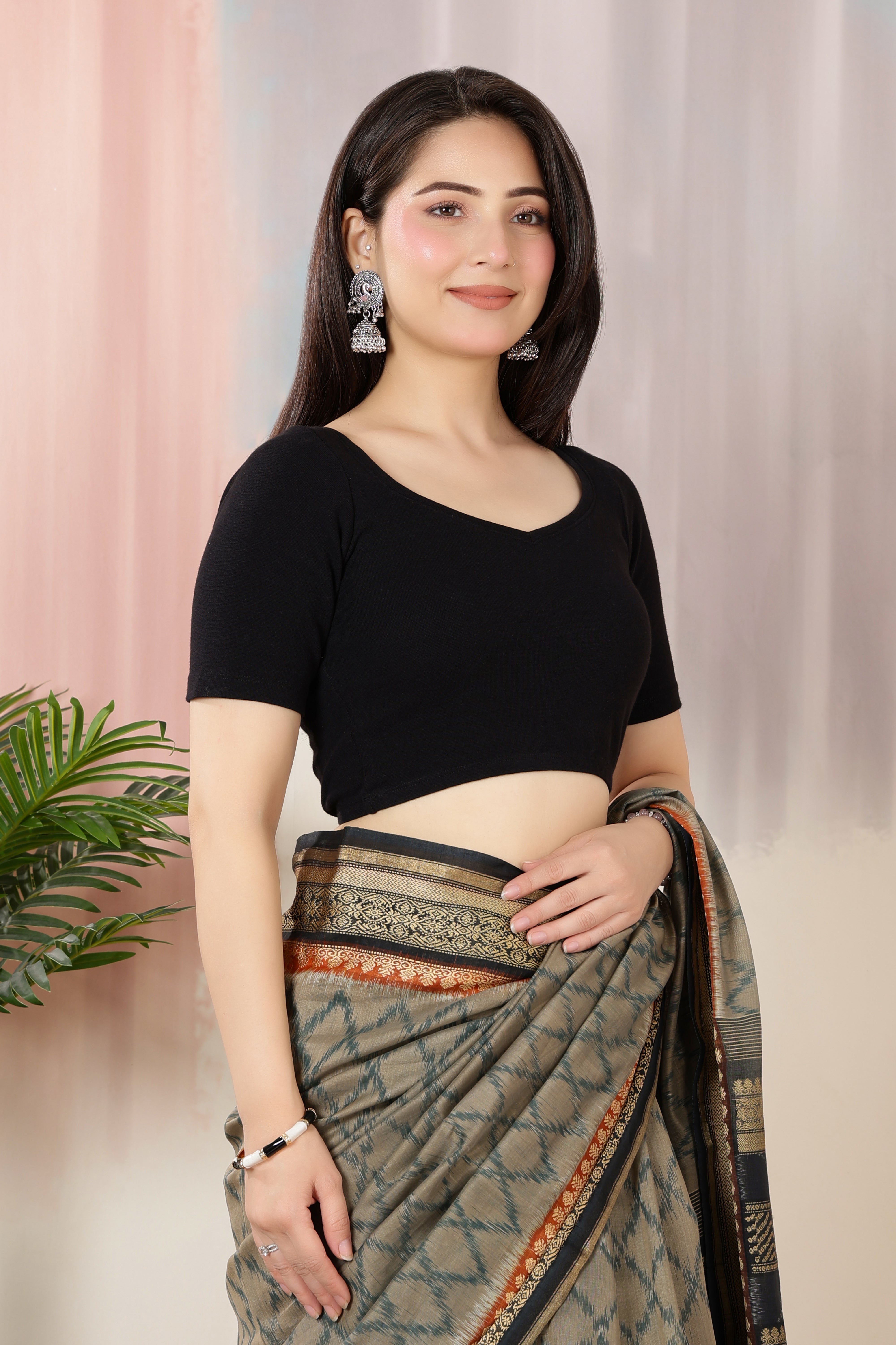 Black Rib Sweet Heart Neck Half Sleeve Blouse [ 100% USA HQ Cotton, 280 GSM non transparent fabric ]