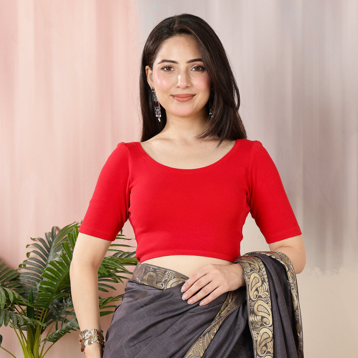 Red Rib Roundneck Half Sleeve Blouse [ 100% USA HQ Cotton, 280 GSM non transparent fa0bric ]