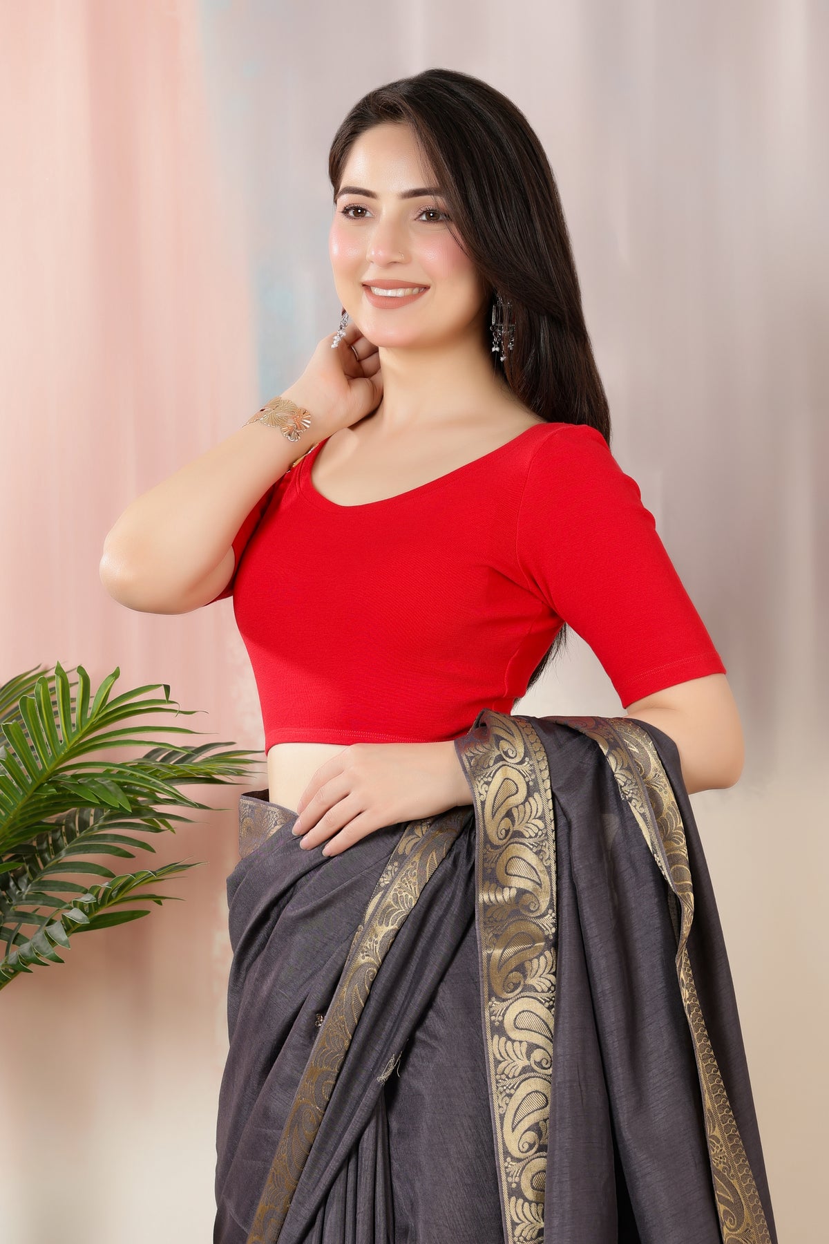 Red Rib Roundneck Half Sleeve Blouse [ 100% USA HQ Cotton, 280 GSM non transparent fa0bric ]
