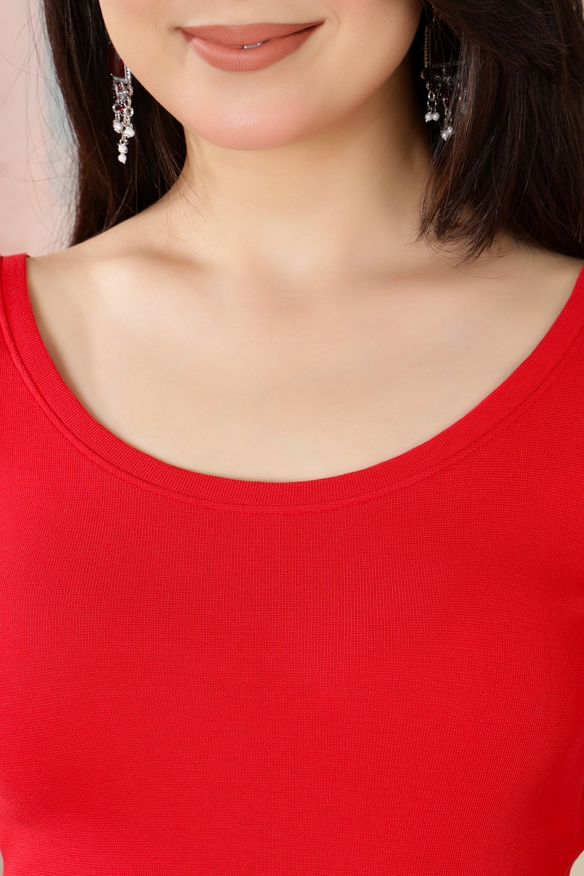 Red Rib Roundneck Half Sleeve Blouse [ 100% USA HQ Cotton, 280 GSM non transparent fa0bric ]