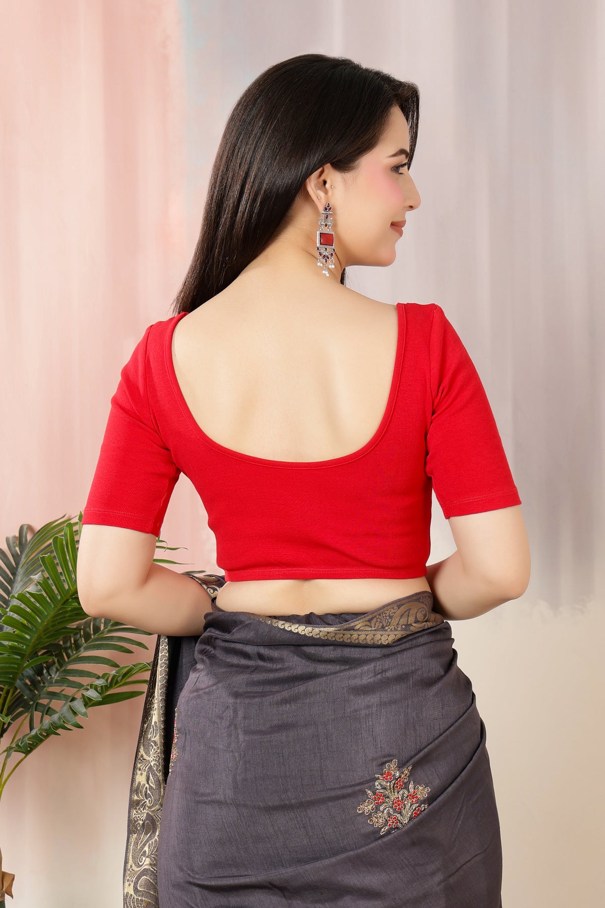 Red Rib Roundneck Half Sleeve Blouse [ 100% USA HQ Cotton, 280 GSM non transparent fa0bric ]
