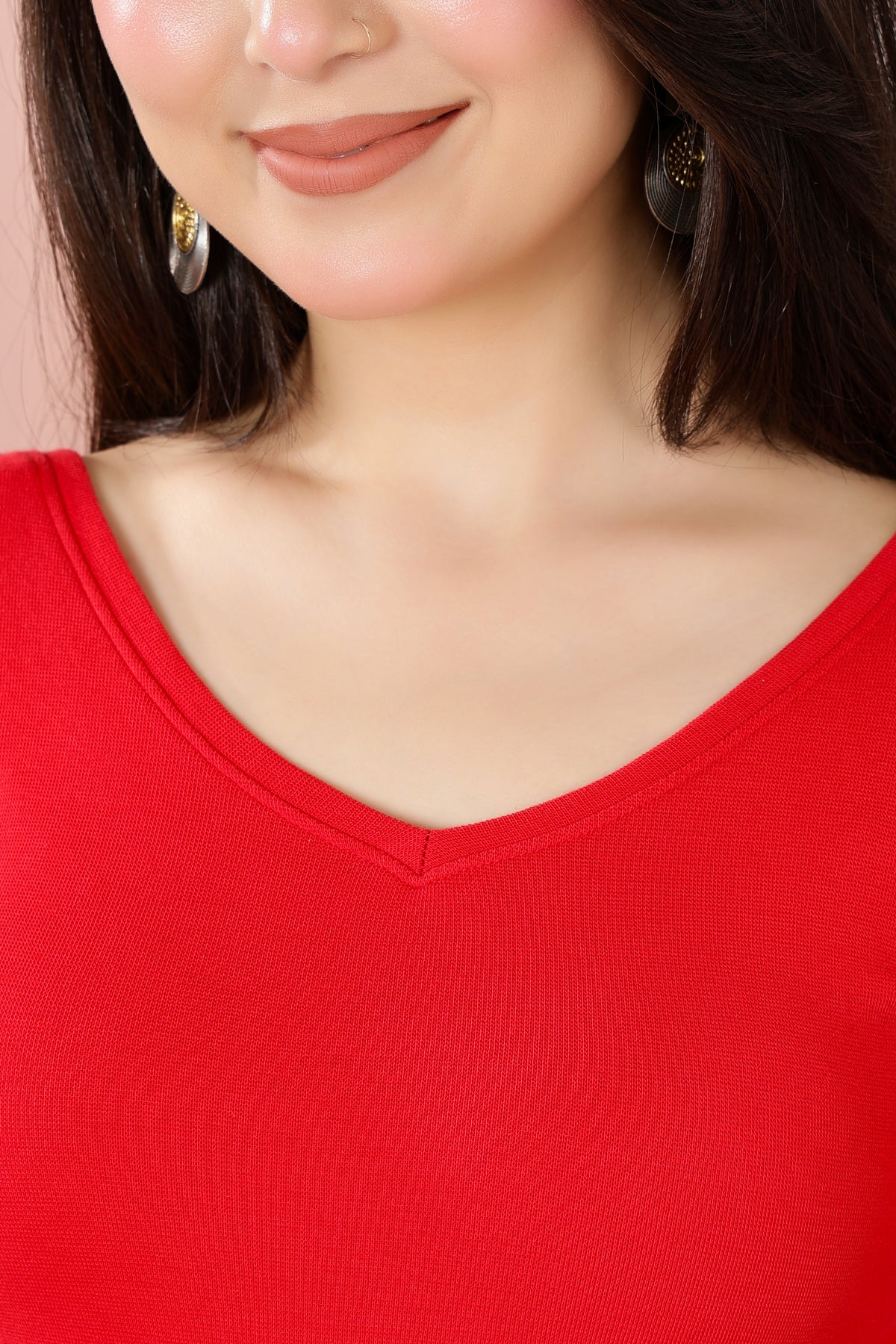 Red Rib V Neck 3/4 Sleeve Blouse [ 100% USA HQ Cotton, 280 GSM non transparent fabric ]