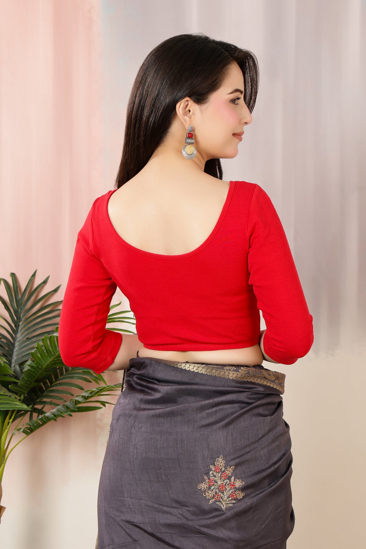 Red Rib V Neck 3/4 Sleeve Blouse [ 100% USA HQ Cotton, 280 GSM non transparent fabric ]