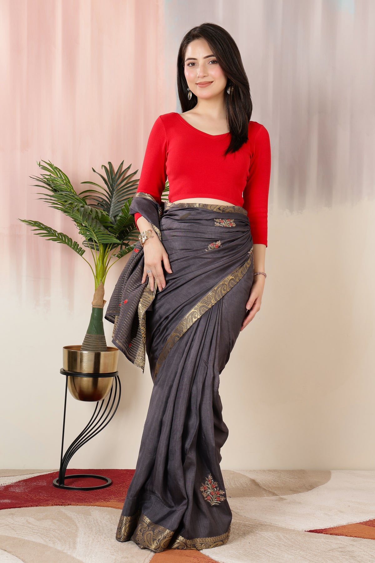 Red Rib V Neck 3/4 Sleeve Blouse [ 100% USA HQ Cotton, 280 GSM non transparent fabric ]