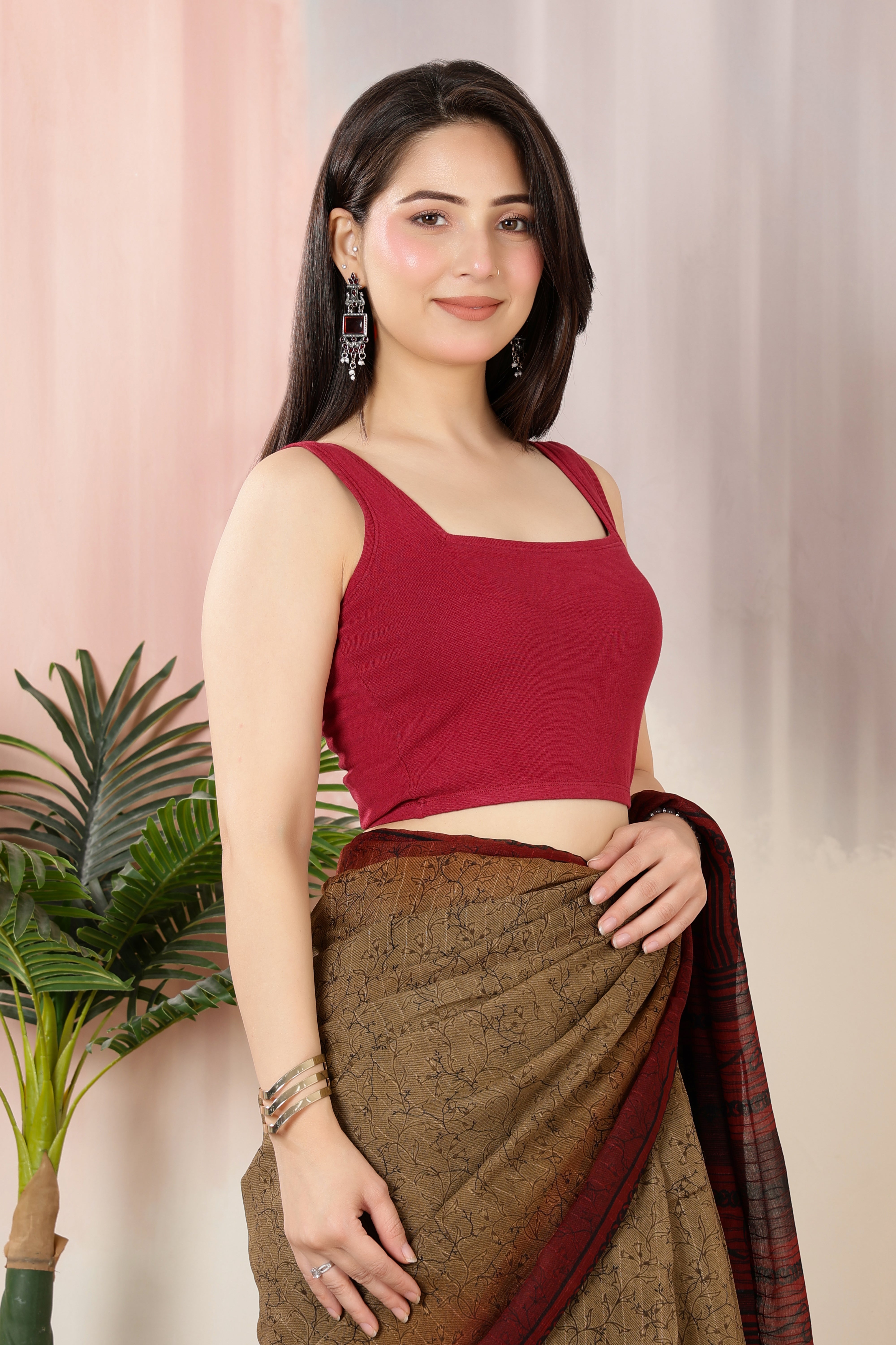 Dark rose Rib Square Neck Sleeveless Blouse [ 100% USA HQ Cotton, 280 GSM non transparent fabric ]
