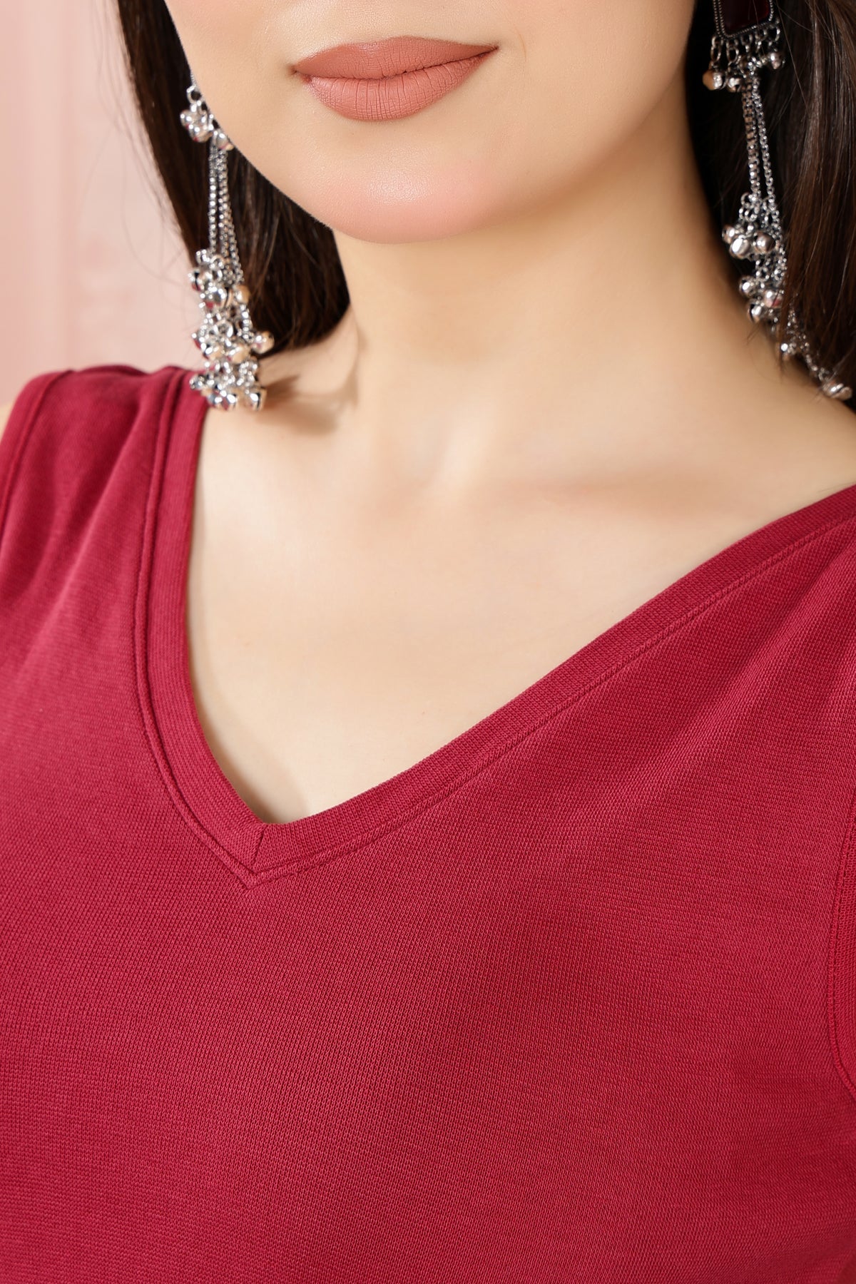 Dark rose Rib V Neck Sleeveless Blouse [ 100% USA HQ Cotton, 280 GSM non transparent fabric ]