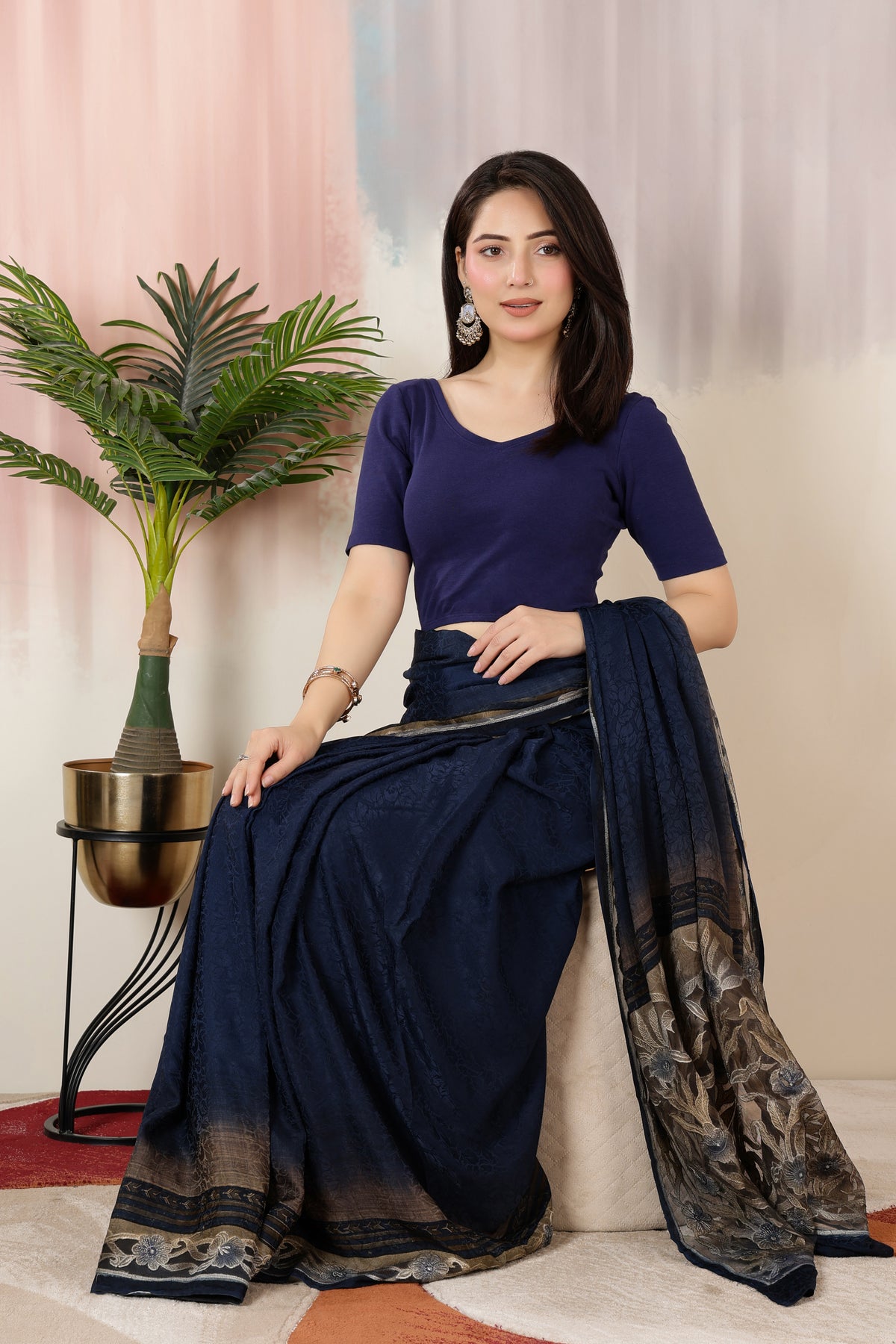 Navy Rib Blouse [ 100% USA HQ Cotton, 280 GSM non transparent fabric ]