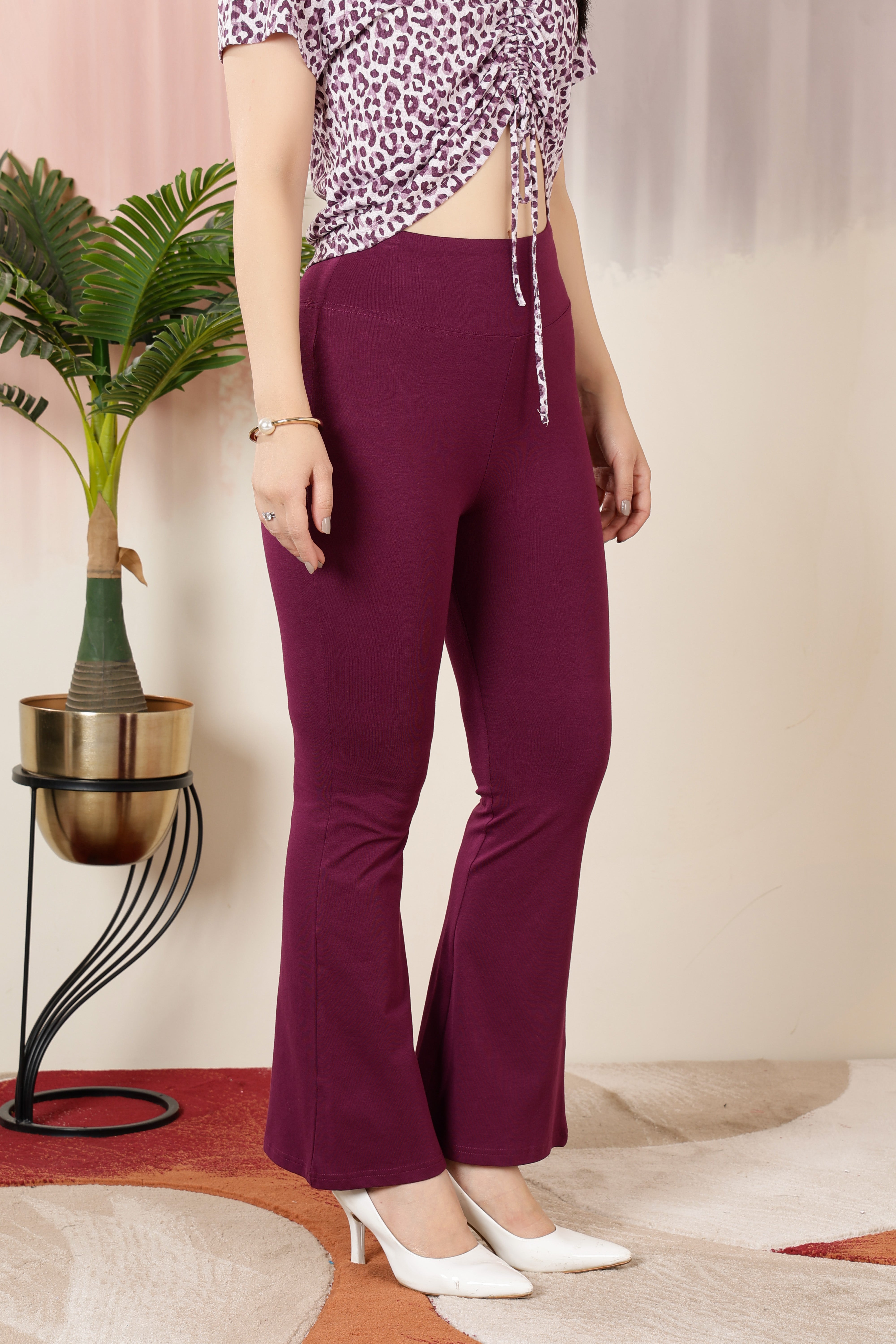 Plum stretchable biowash premium cotton lycra flare legging with superior elastic belt.