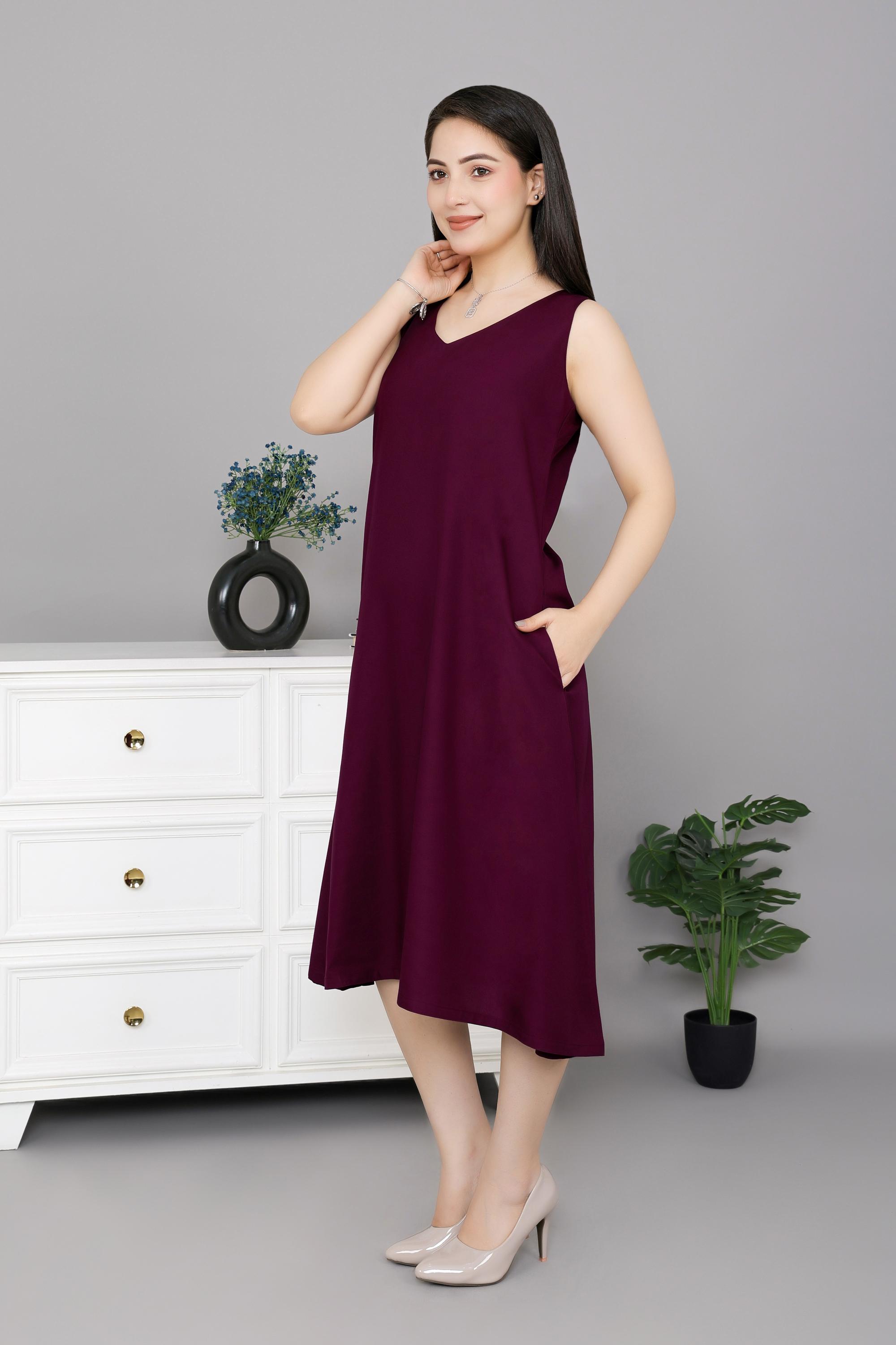 Dark purple rayon line dress with pocket [ Premium 100% Rayon, Liva Certified ]