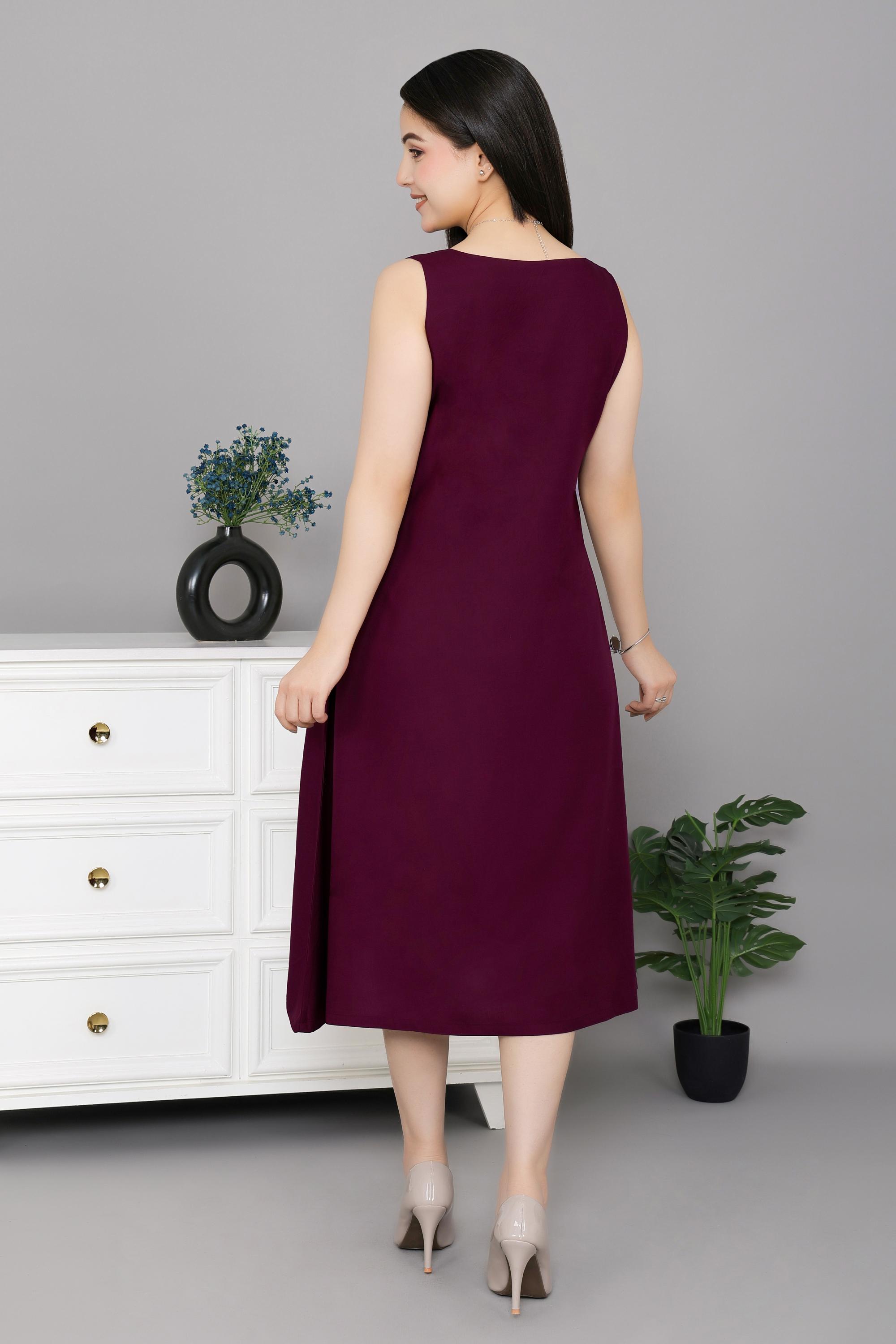 Dark purple rayon line dress with pocket [ Premium 100% Rayon, Liva Certified ]