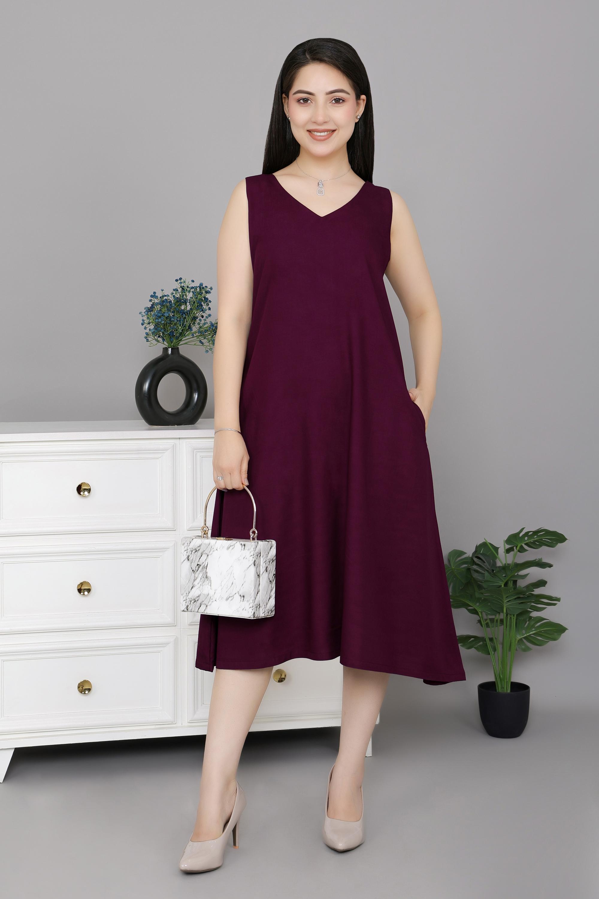 Dark purple rayon line dress with pocket [ Premium 100% Rayon, Liva Certified ]