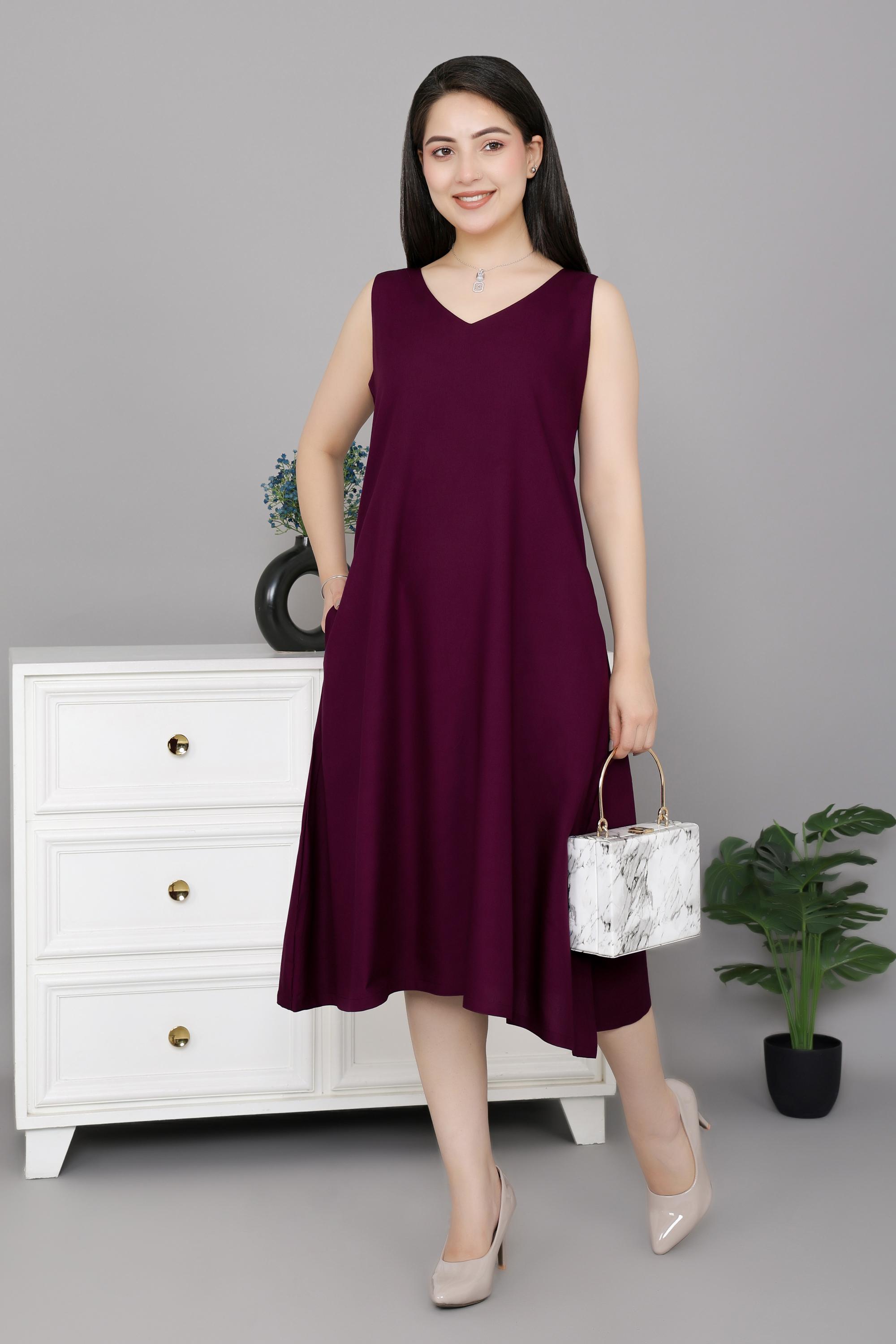 Dark purple rayon line dress with pocket [ Premium 100% Rayon, Liva Certified ]