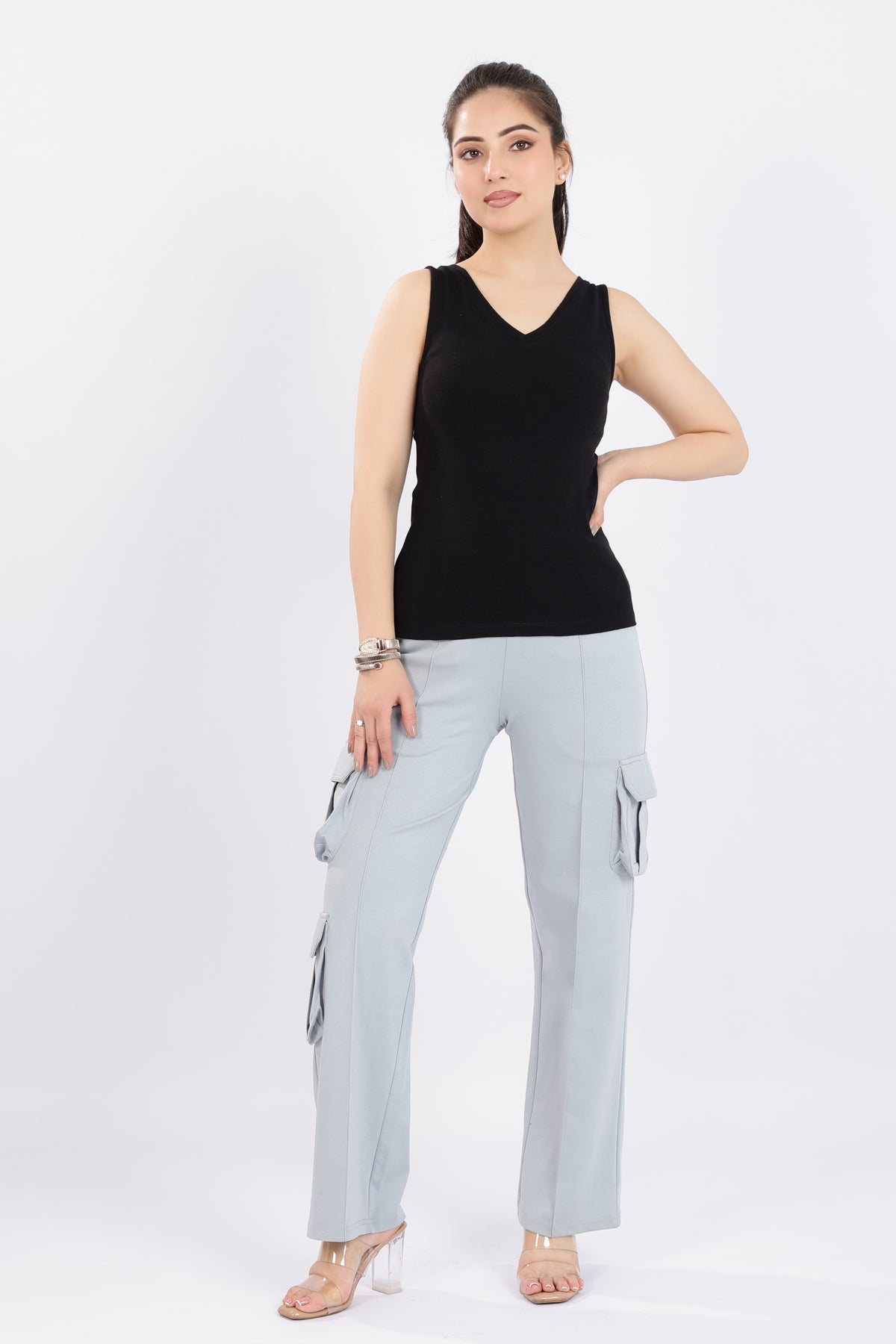 Black rib v-neck vest  [ 280 GSM non transparent fabric ]