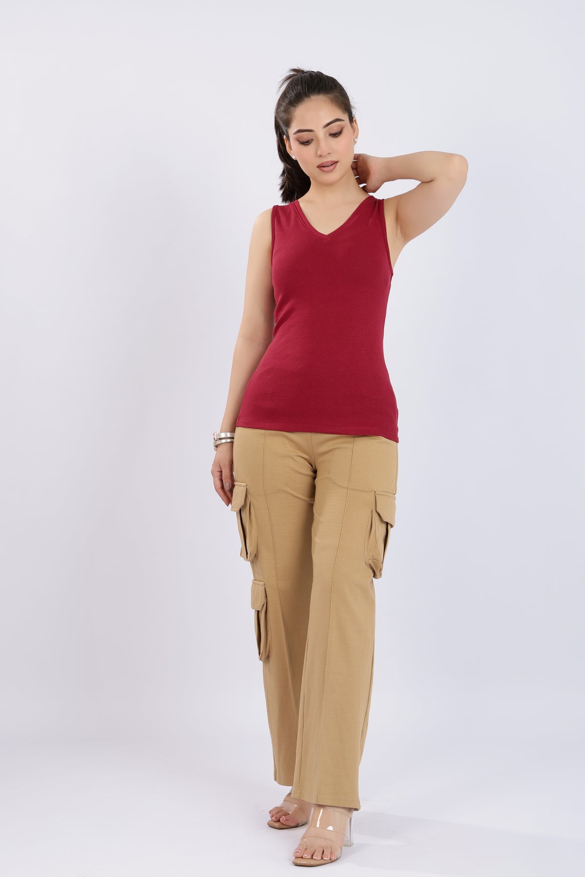 Dark rose rib v-neck vest  [ 280 GSM non transparent fabric ]