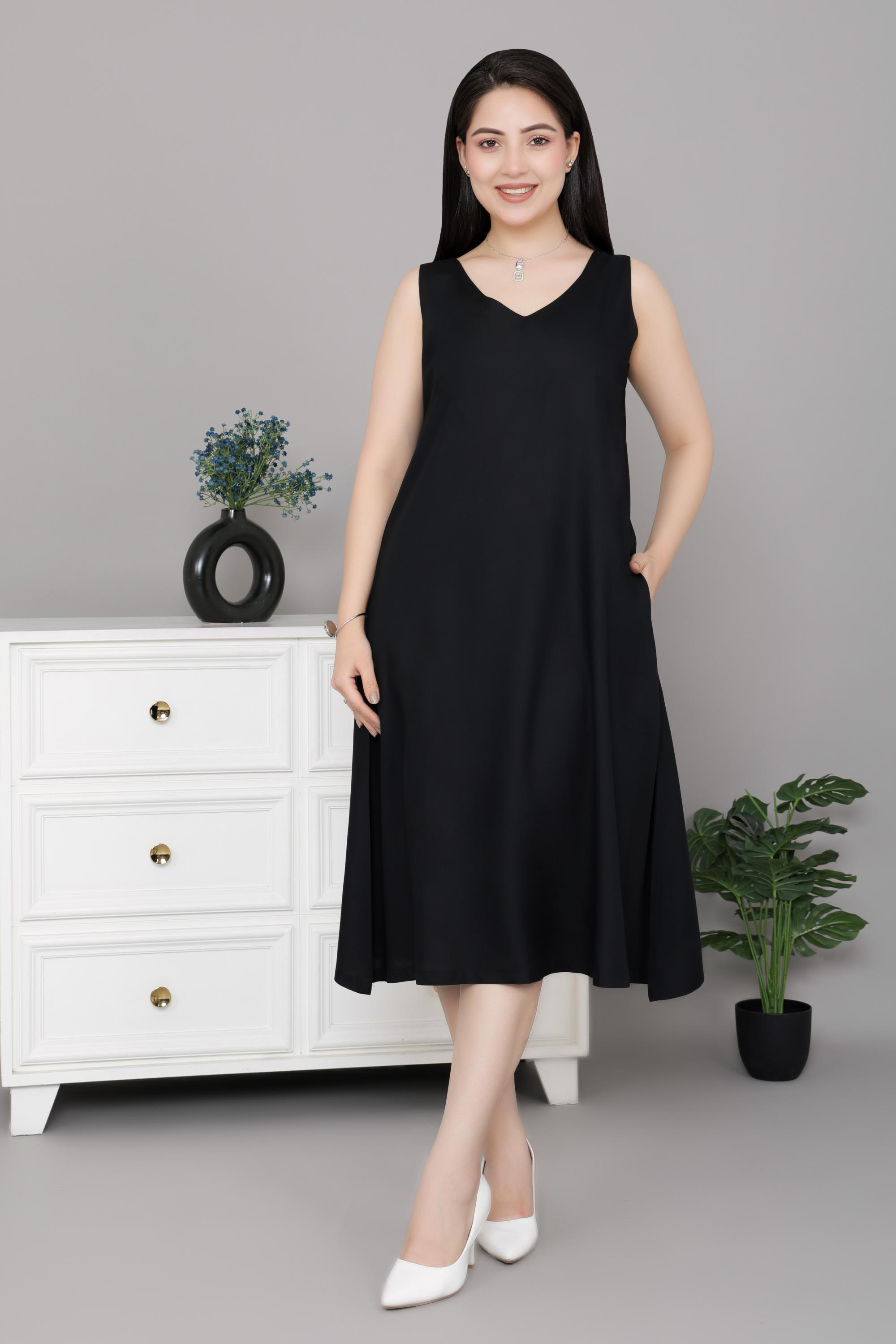Black rayon line dress with pocket [ Premium 100% Rayon, Liva Certified ]