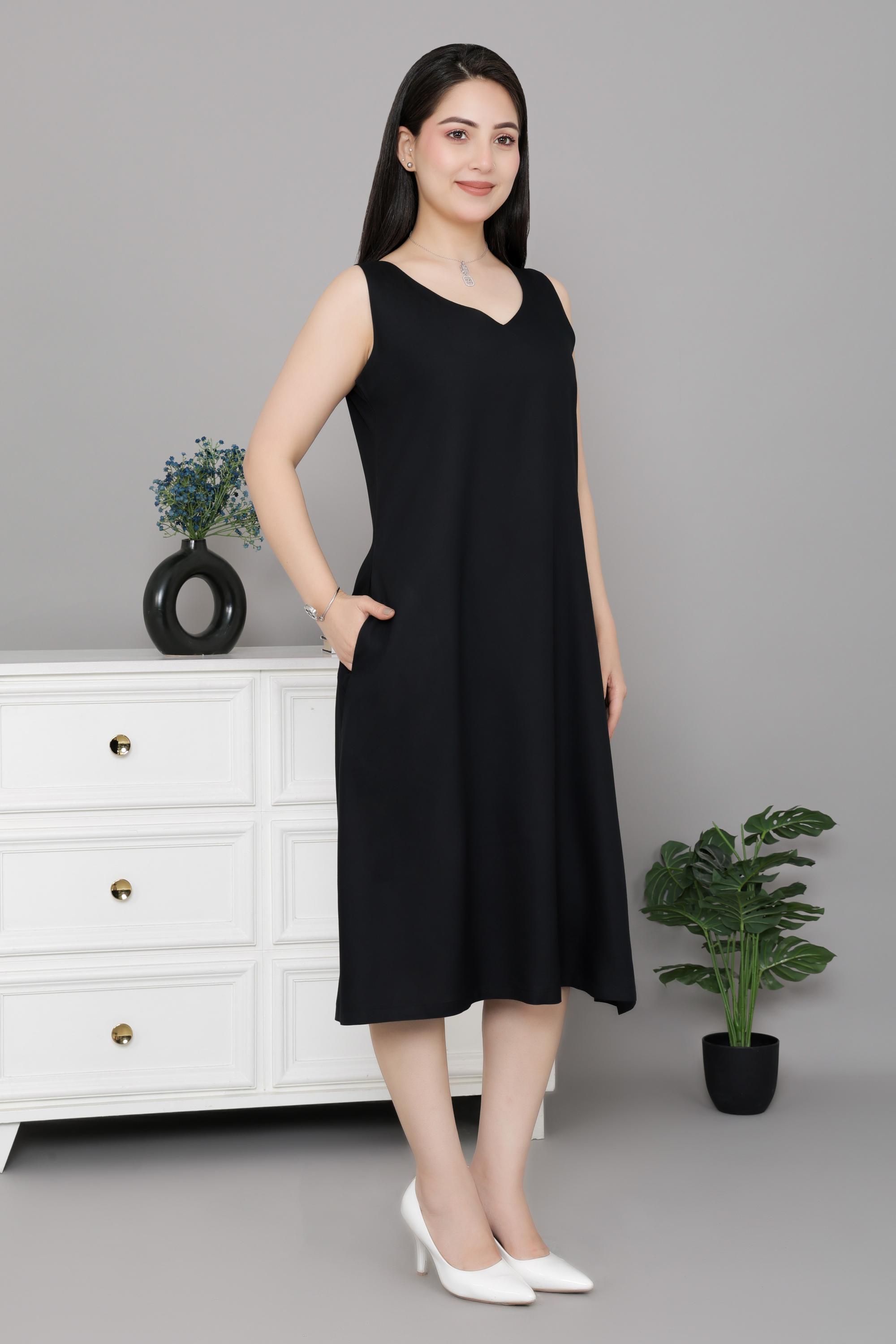 Black rayon line dress with pocket [ Premium 100% Rayon, Liva Certified ]