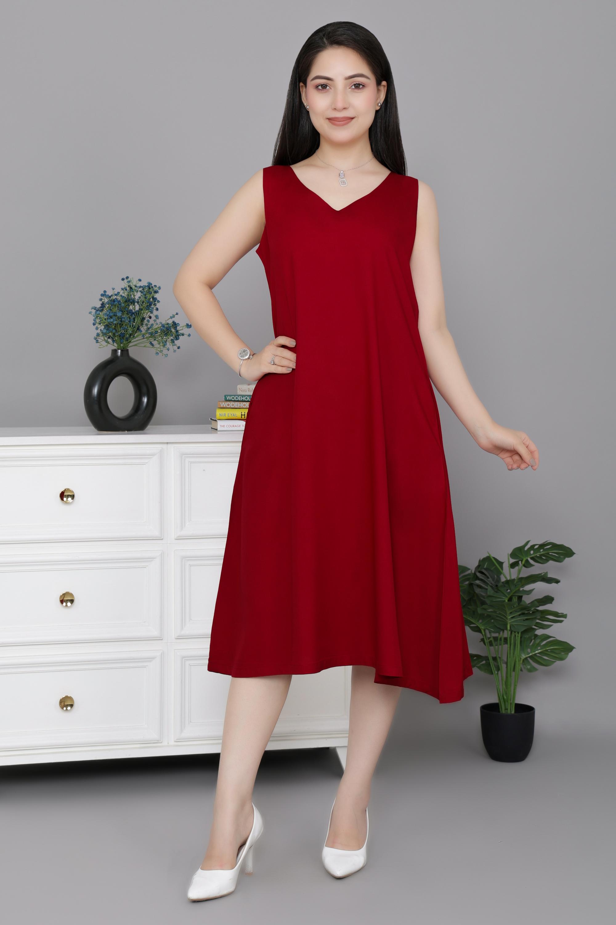 Red rayon line dress with pocket [ Premium 100% Rayon, Liva Certified ]