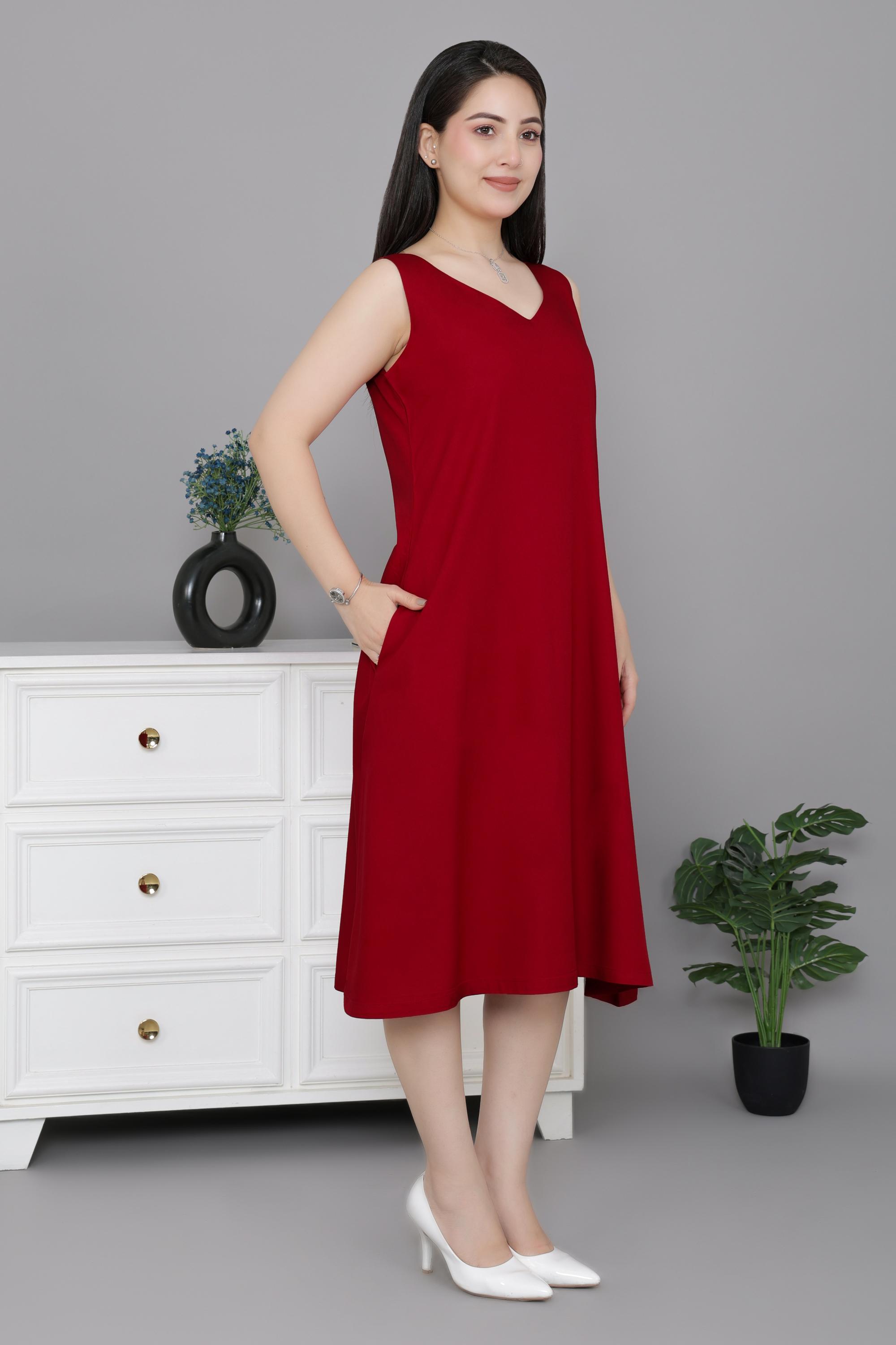 Red rayon line dress with pocket [ Premium 100% Rayon, Liva Certified ]