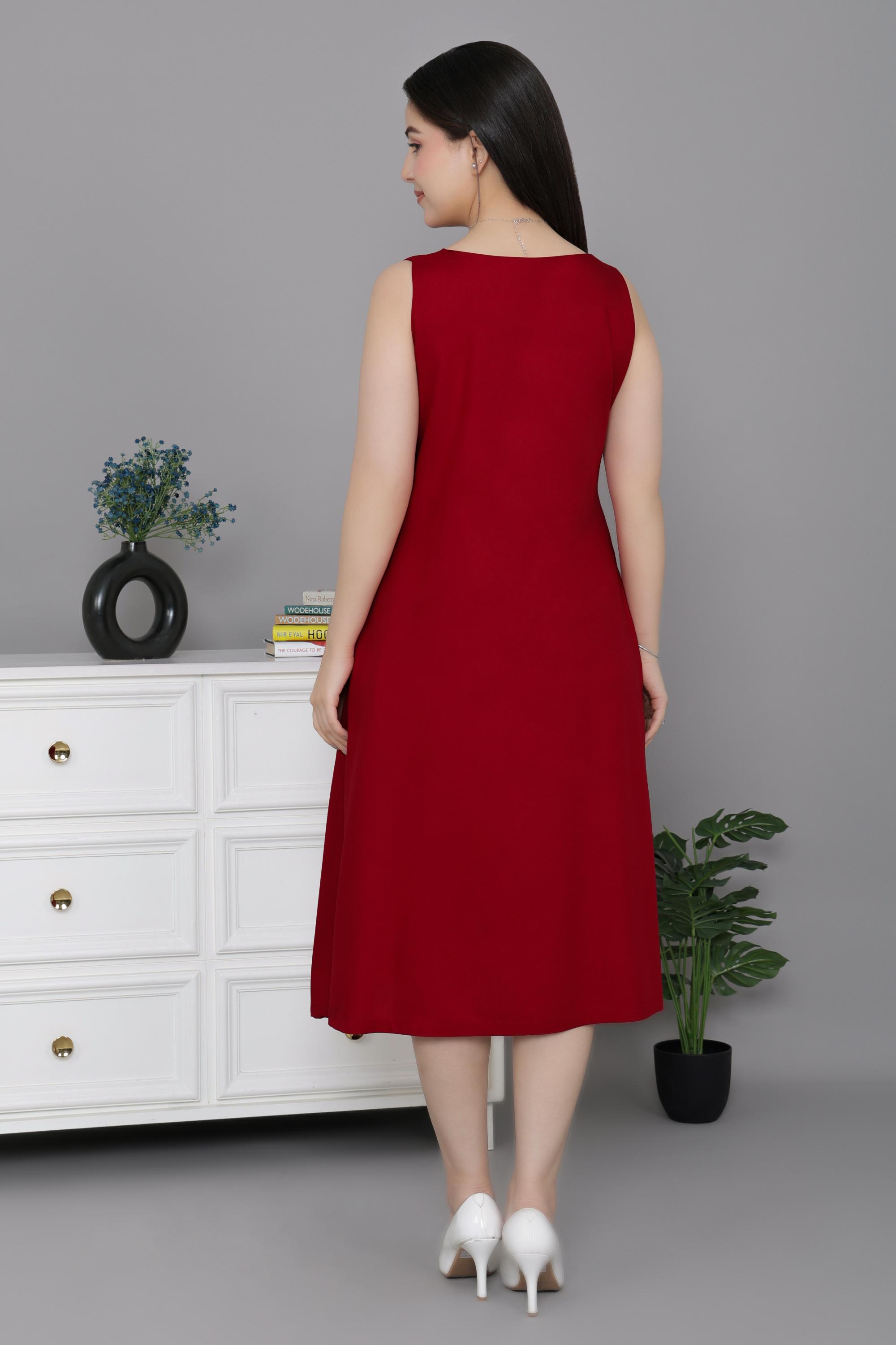 Red rayon line dress with pocket [ Premium 100% Rayon, Liva Certified ]