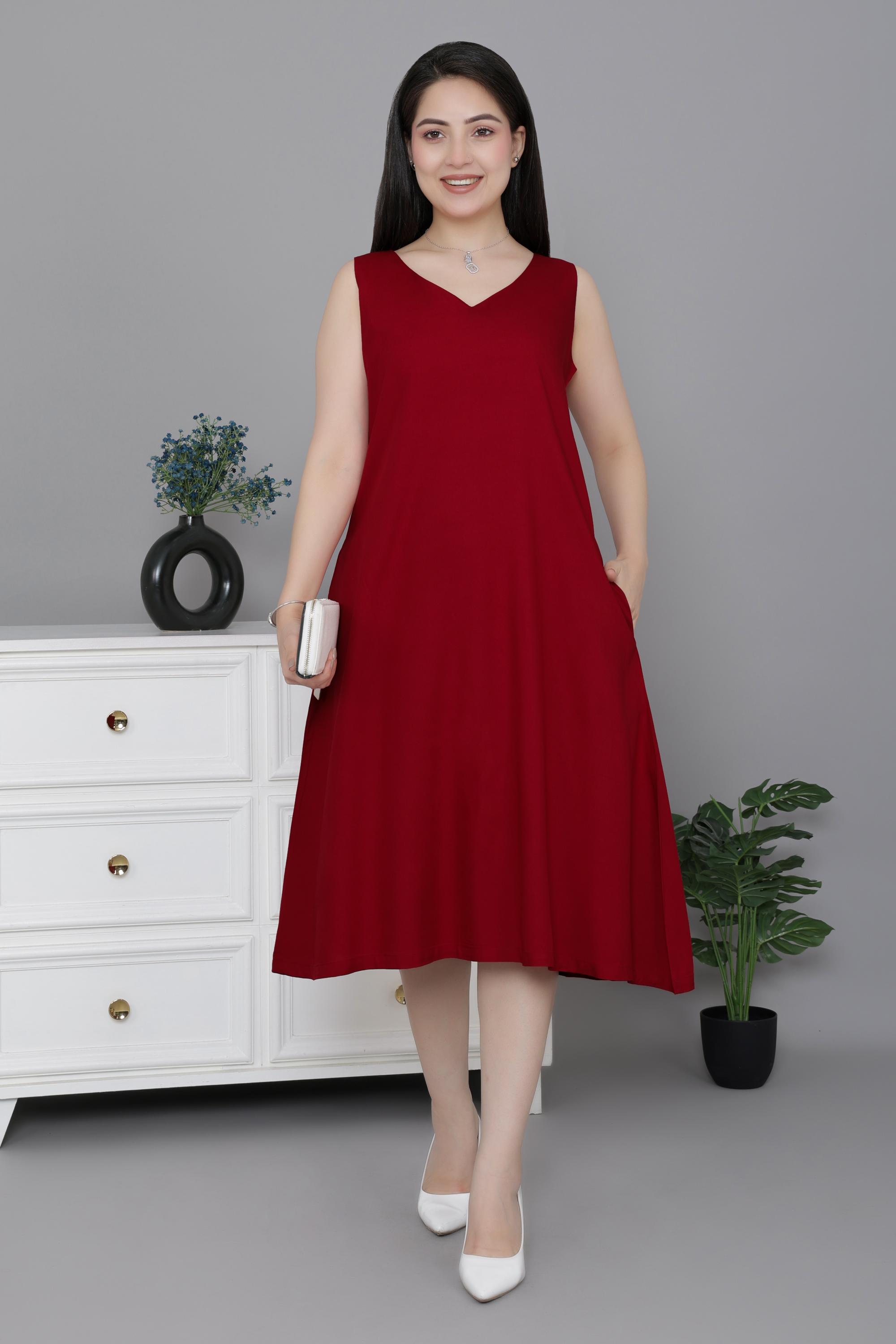 Red rayon line dress with pocket [ Premium 100% Rayon, Liva Certified ]