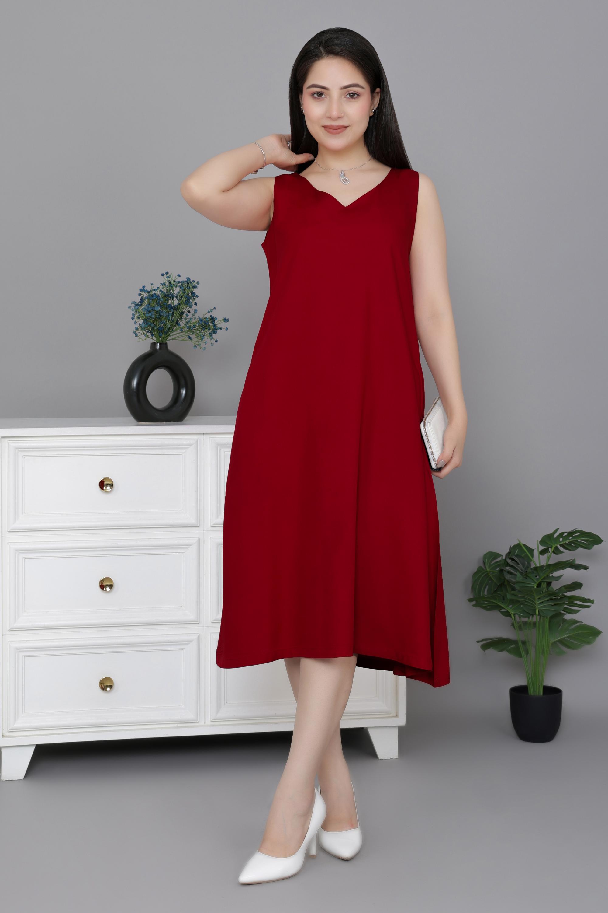 Red rayon line dress with pocket [ Premium 100% Rayon, Liva Certified ]