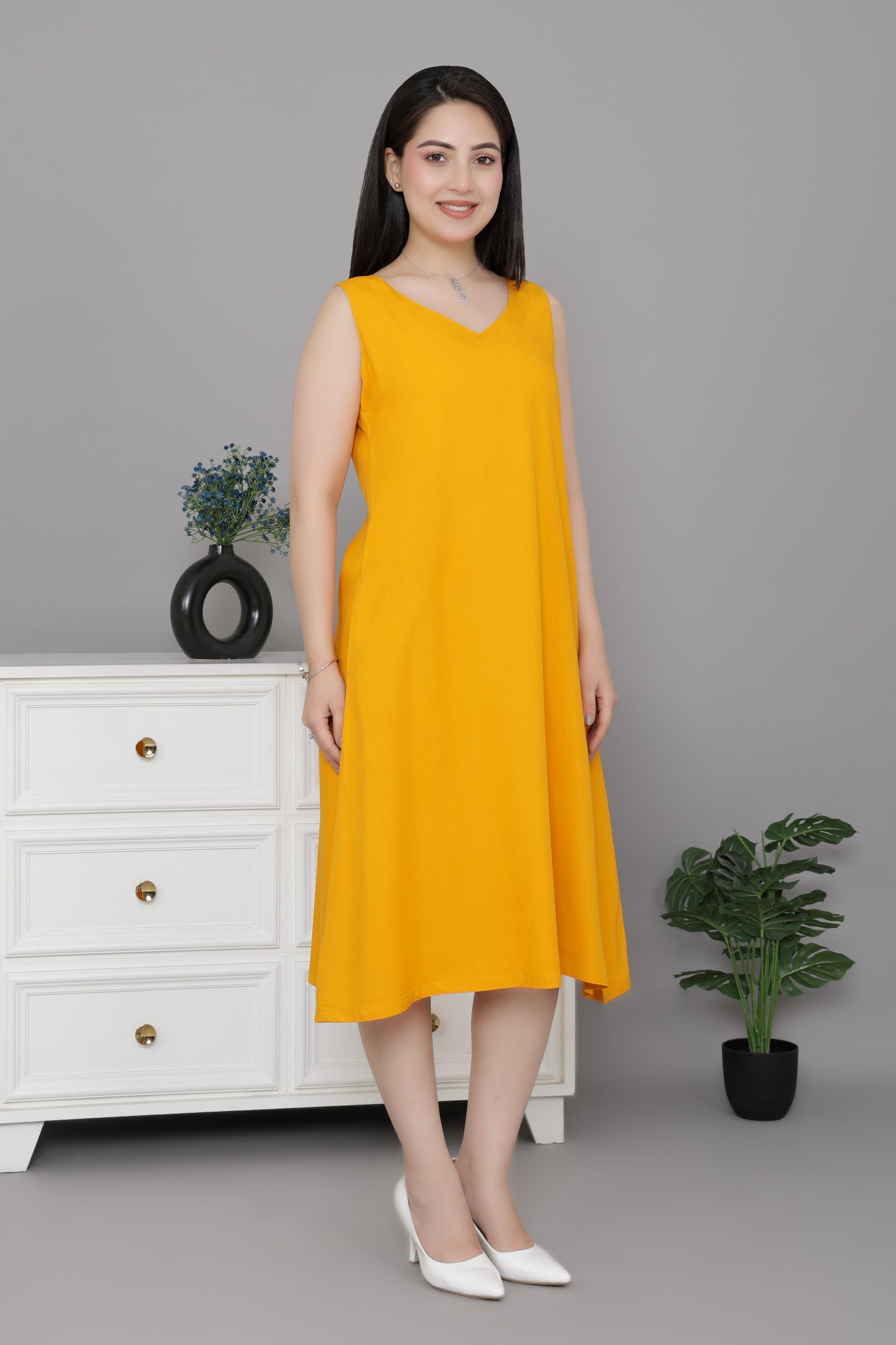 Mustard rayon line dress with pocket [ Premium 100% Rayon, Liva Certified ]