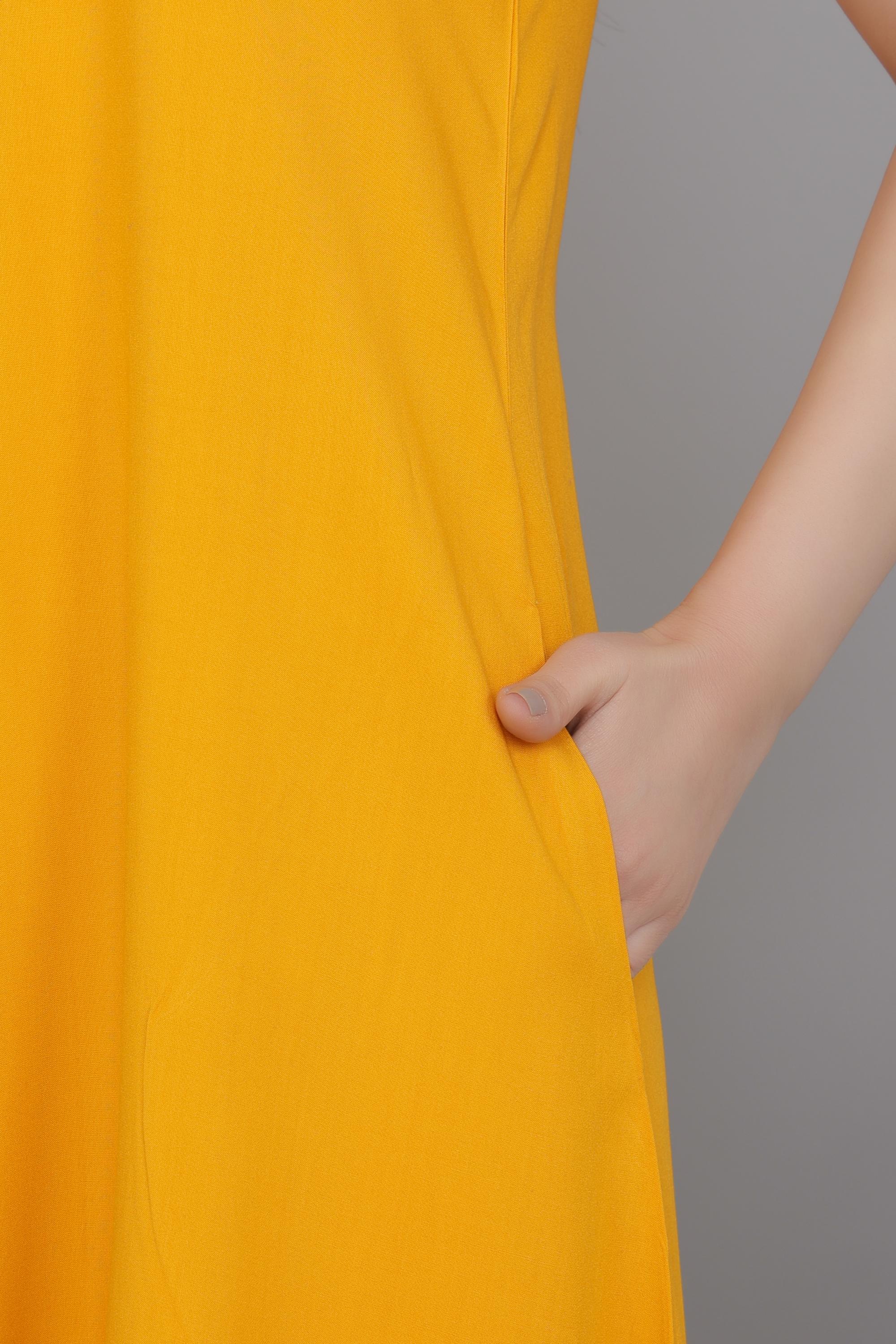 Mustard rayon line dress with pocket [ Premium 100% Rayon, Liva Certified ]