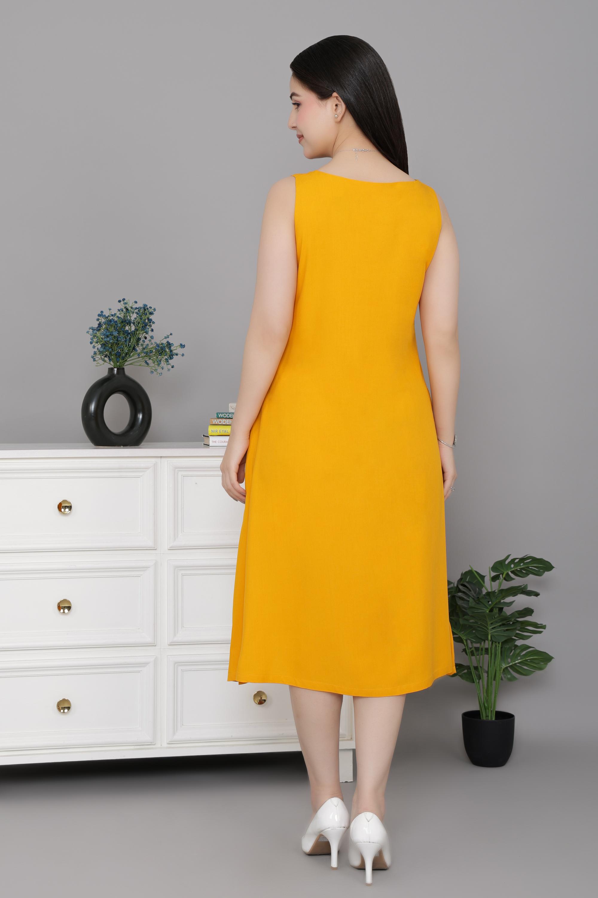 Mustard rayon line dress with pocket [ Premium 100% Rayon, Liva Certified ]