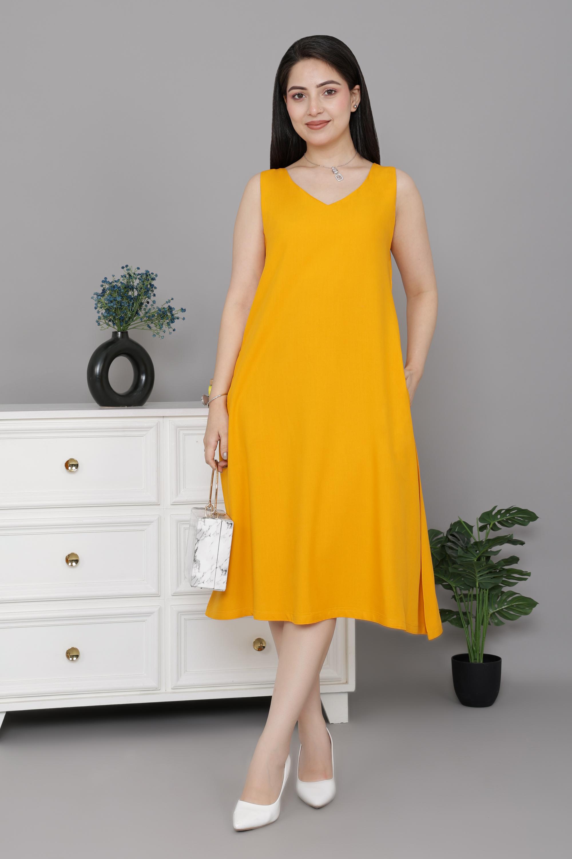 Mustard rayon line dress with pocket [ Premium 100% Rayon, Liva Certified ]