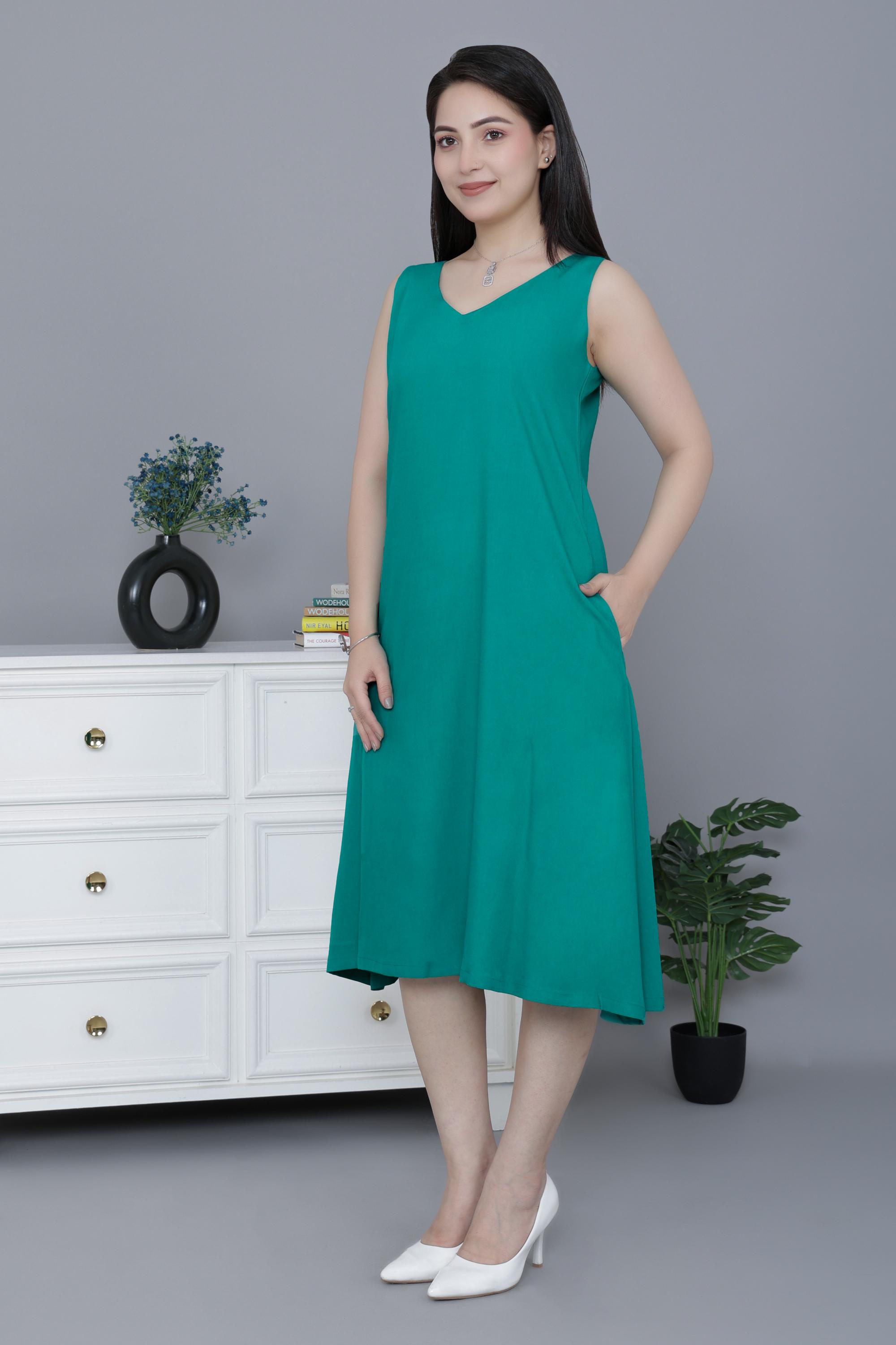 Sea Green rayon line dress with pocket [ Premium 100% Rayon, Liva Certified ]