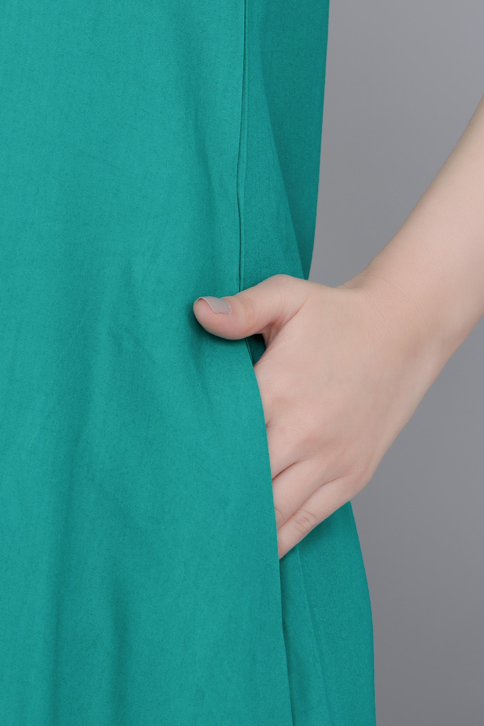 Sea Green rayon line dress with pocket [ Premium 100% Rayon, Liva Certified ]