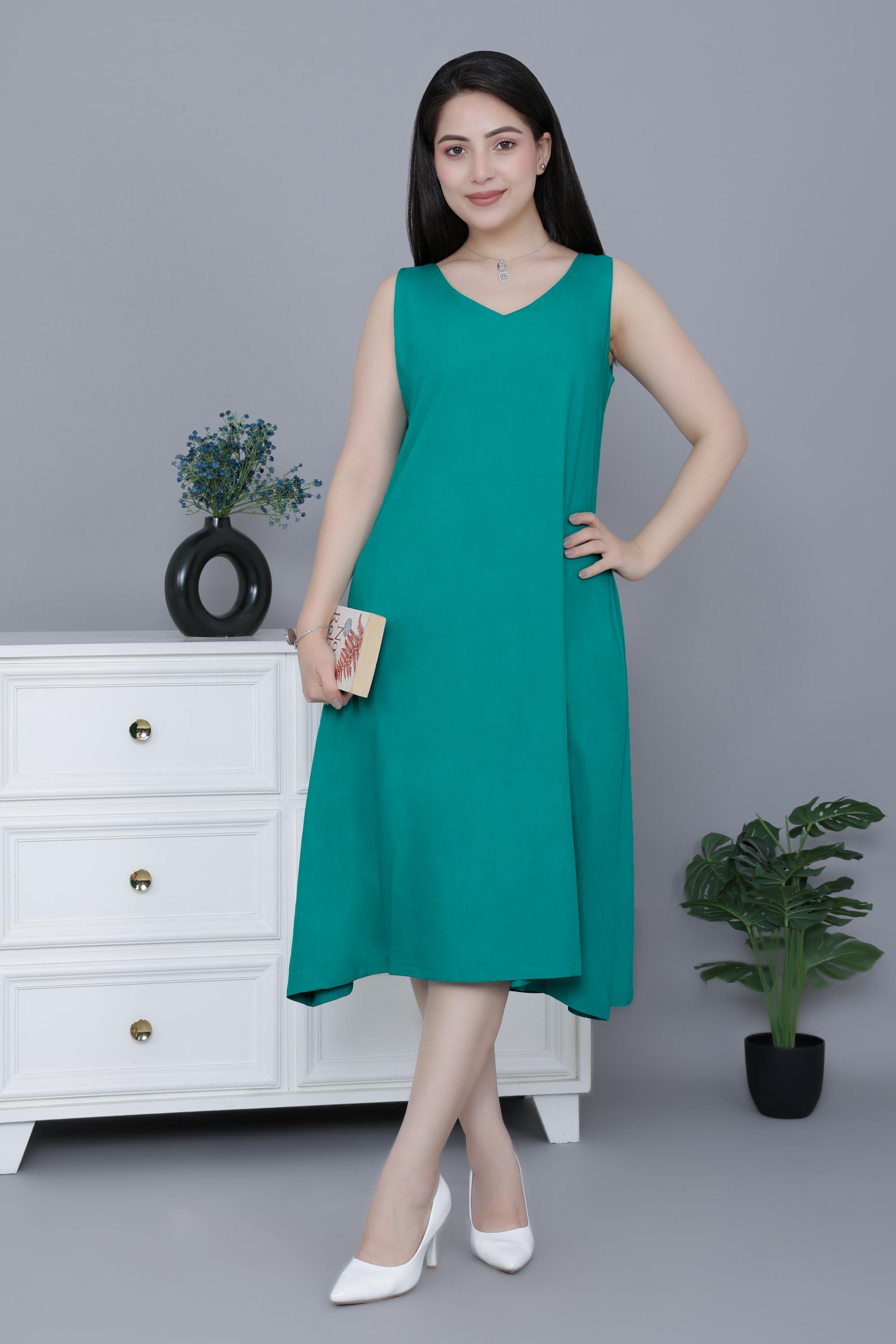 Sea Green rayon line dress with pocket [ Premium 100% Rayon, Liva Certified ]